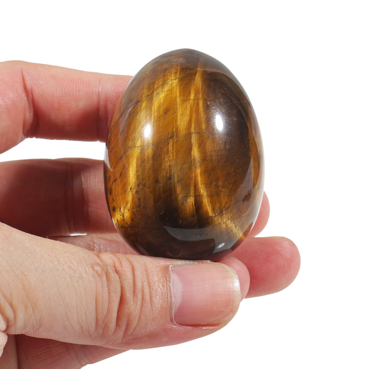 Fekuar Stone Egg Figurine, Polished Healing Crystal Easter Eggs Sphere Sculpture with Wood Stand, Natural Tiger's Eye Stone, 1.8"