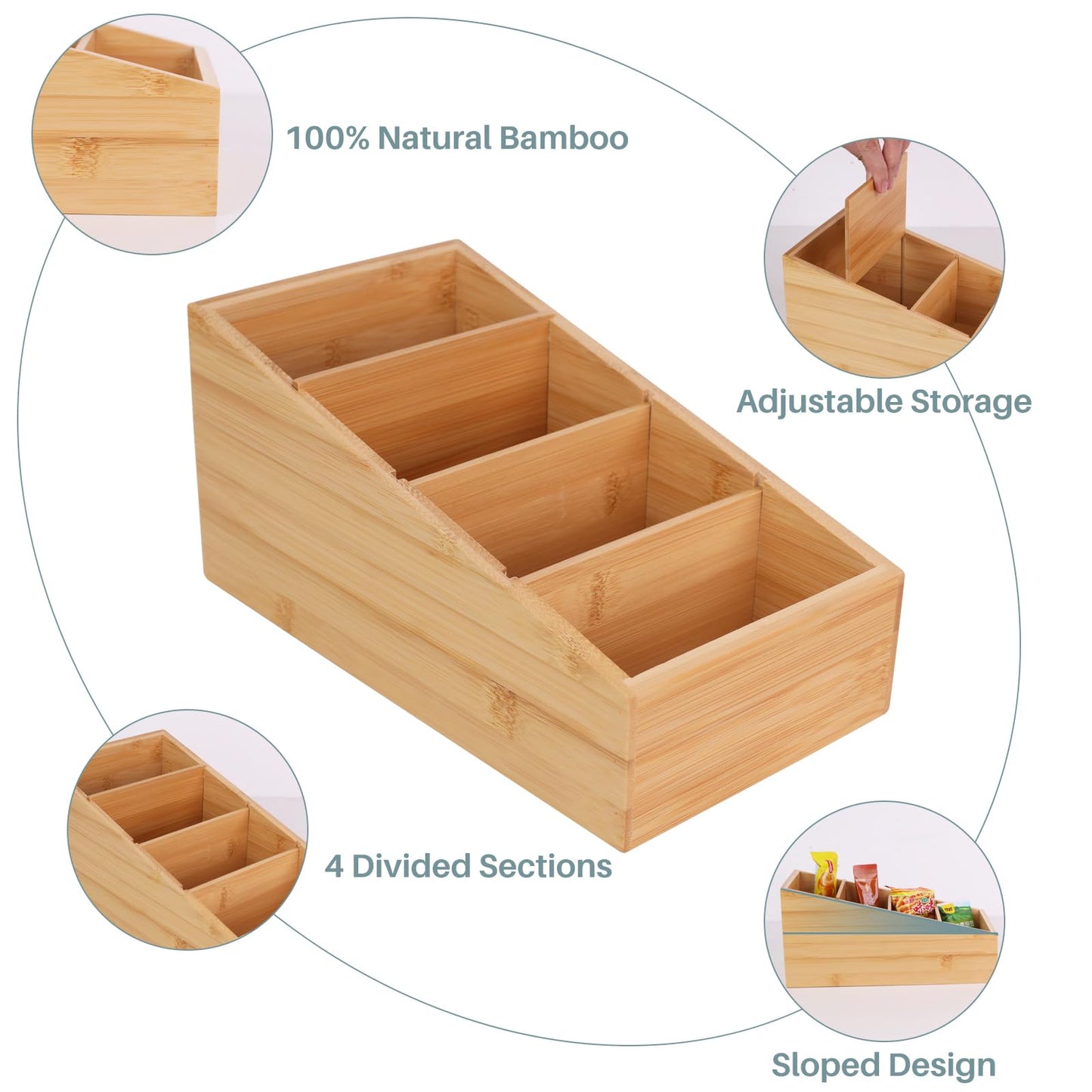 HTB 4-Section Snack Organizer with Removable Dividers for Kitchen, Cabinet, Office, Countertop, 2 Pack Bamboo Pantry Storage Organization for Spice Packets, Seasoning Pouches, Coffee Pods