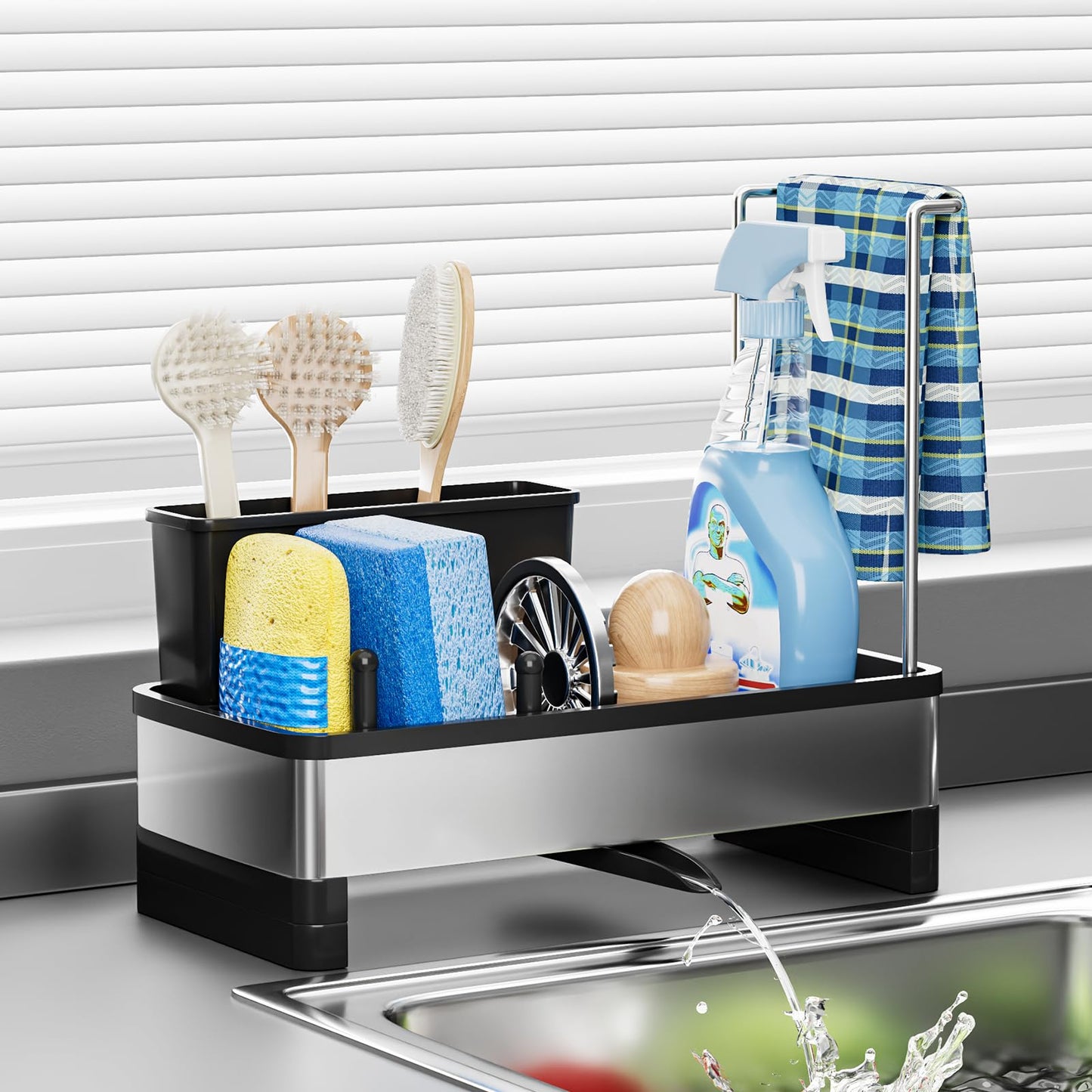 Ewaiira Stainless Steel Sink Caddy, Sponge Holder for Kitchen Sink with Brush Holder Dishcloth Rack, Rustproof sink Organizer Countertop, Soap Dispenser Kitchen Organizers Storage Essentials,9.8″Black