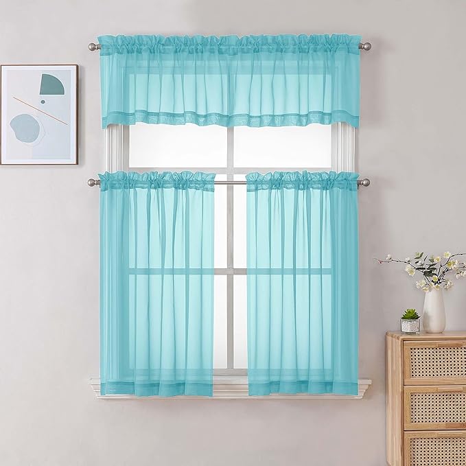 Chyhomenyc Sheer Valances for Windows, Light Filtering Small Window Curtains for Living Room Bathroom Cafe Laundry Basement, Modern Top Dual Rod Pocket Voile Curtain, 42Wx14L inches, Aqua, 2 Pieces