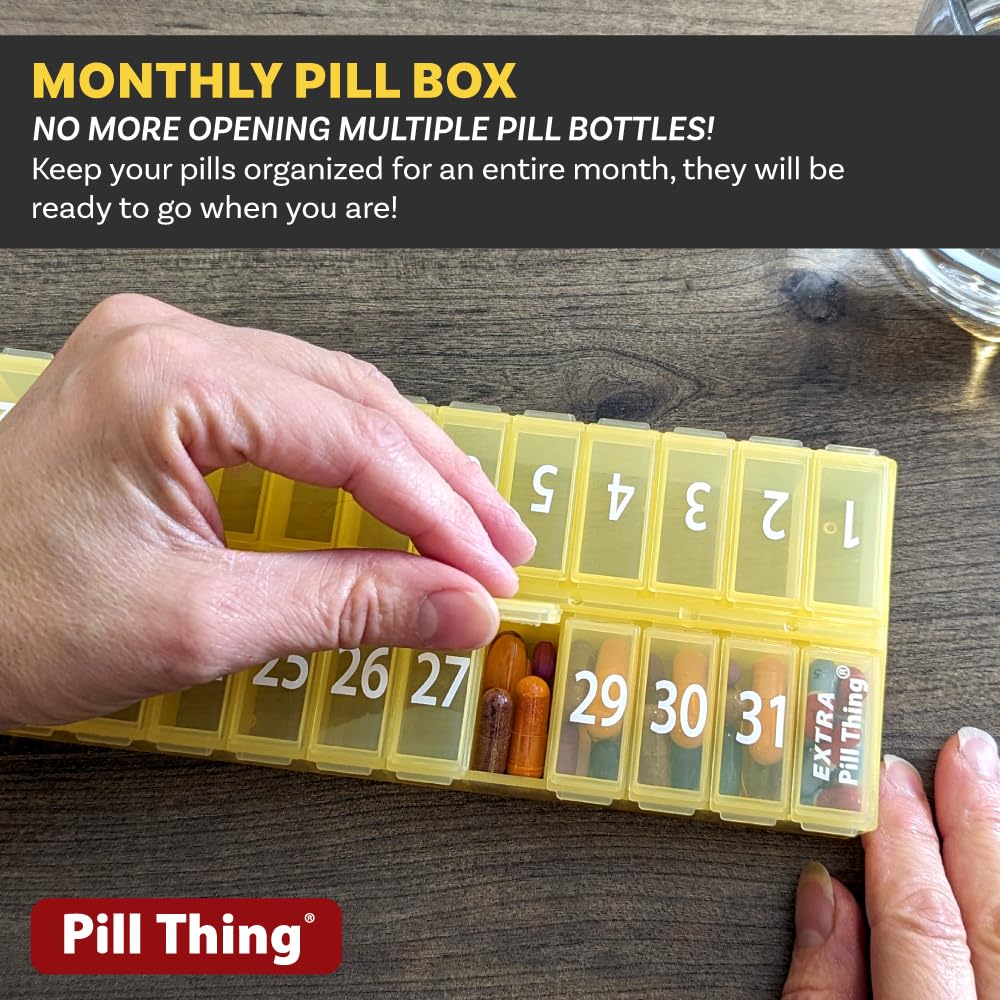 AM PM 31 Day Once-a Day Monthly Pill Planner Organizers - Large Compartment Pill Boxes Store Medications for Entire Month Plus Compartment for Extra Pills (AM/PM Yellow & Blue) BPA Free