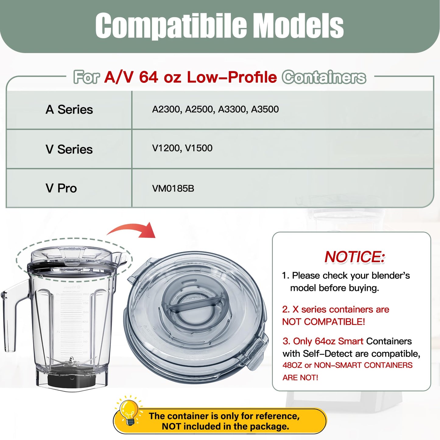 WSEYU Replacement Lid Compatible with 64 oz Low Profile Container A3500 A2500 A3300 A2300 V1200, Top Cover Replacement for Blender Pitcher 64oz Low-Profile, BPA Free
