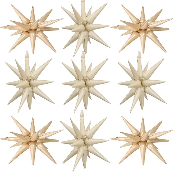 Cream White Beige Star Balloons,9Pcs 22Inch Caramel Sand White Explosion Spike Cone Helium Polyester Film Star Balloon for Birthday Anniversary Baby Shower Disco Party Decorations