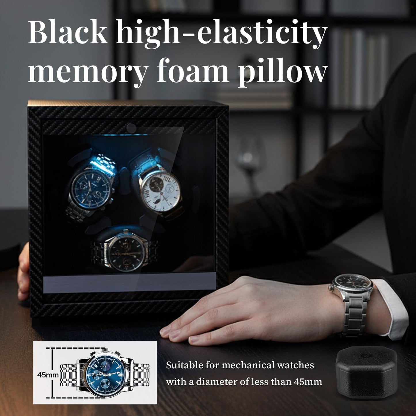 Mcbazel Watch Winder for Automatic Watches, 4 Rotation Modes Watch Winder Box with Super Quiet Motor, Blue LED Light, Memory Foam Pillows, Gift for Men & Women [Black]