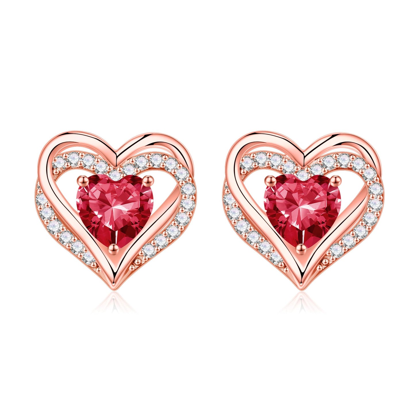 Iefil Heart Stud Earrings for Women, 925 Sterling Silver Rose-Gold-Plated July Birthstone Red Ruby Earrings