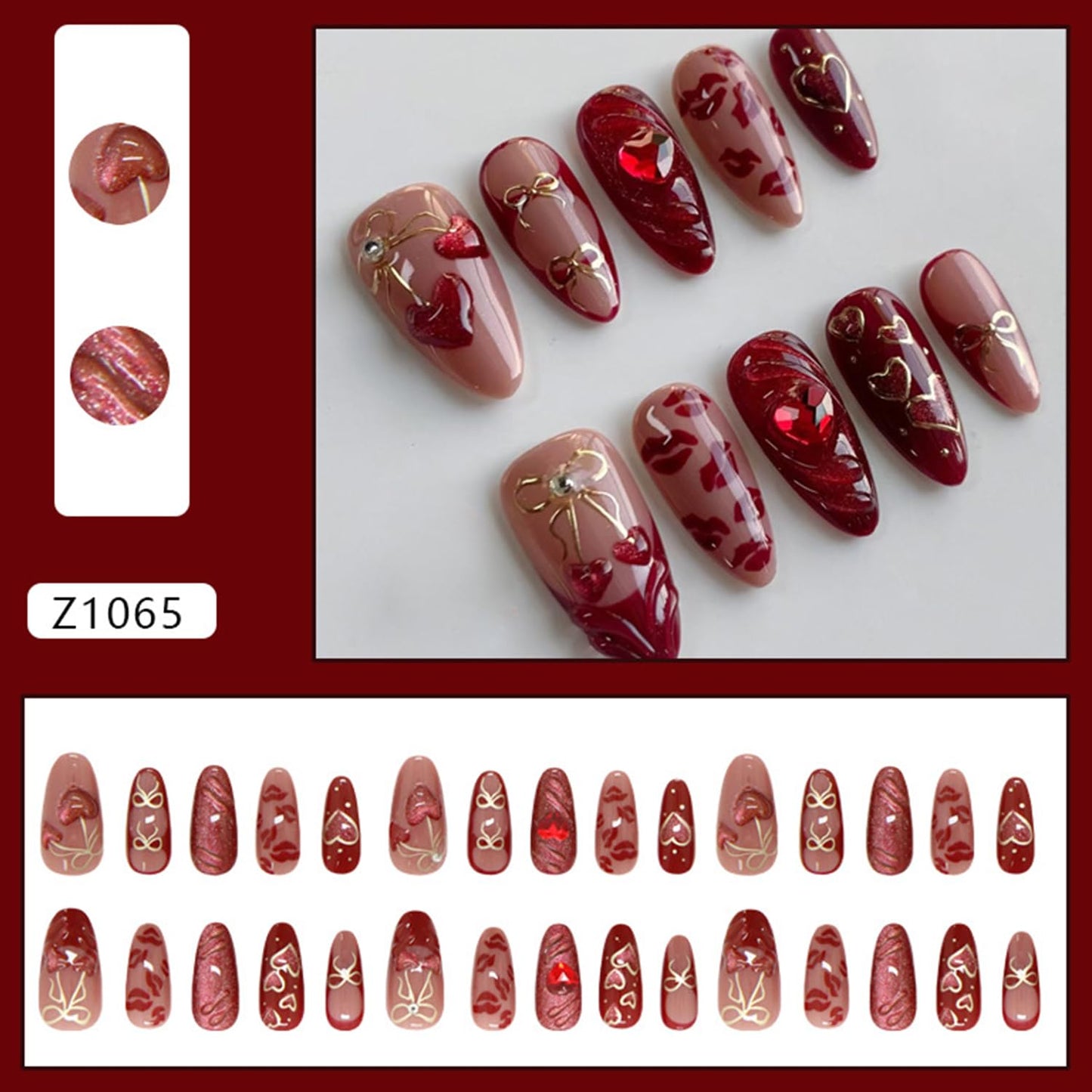 Press on Nails Medium Oval Artificial Acrylic Fake Nails French Red 3D Cherry Hollow Bow with Love Heart Rhinestones Stick on Nail Full Cover Reusable Coffin Artificial Fingernails for Women Manicure