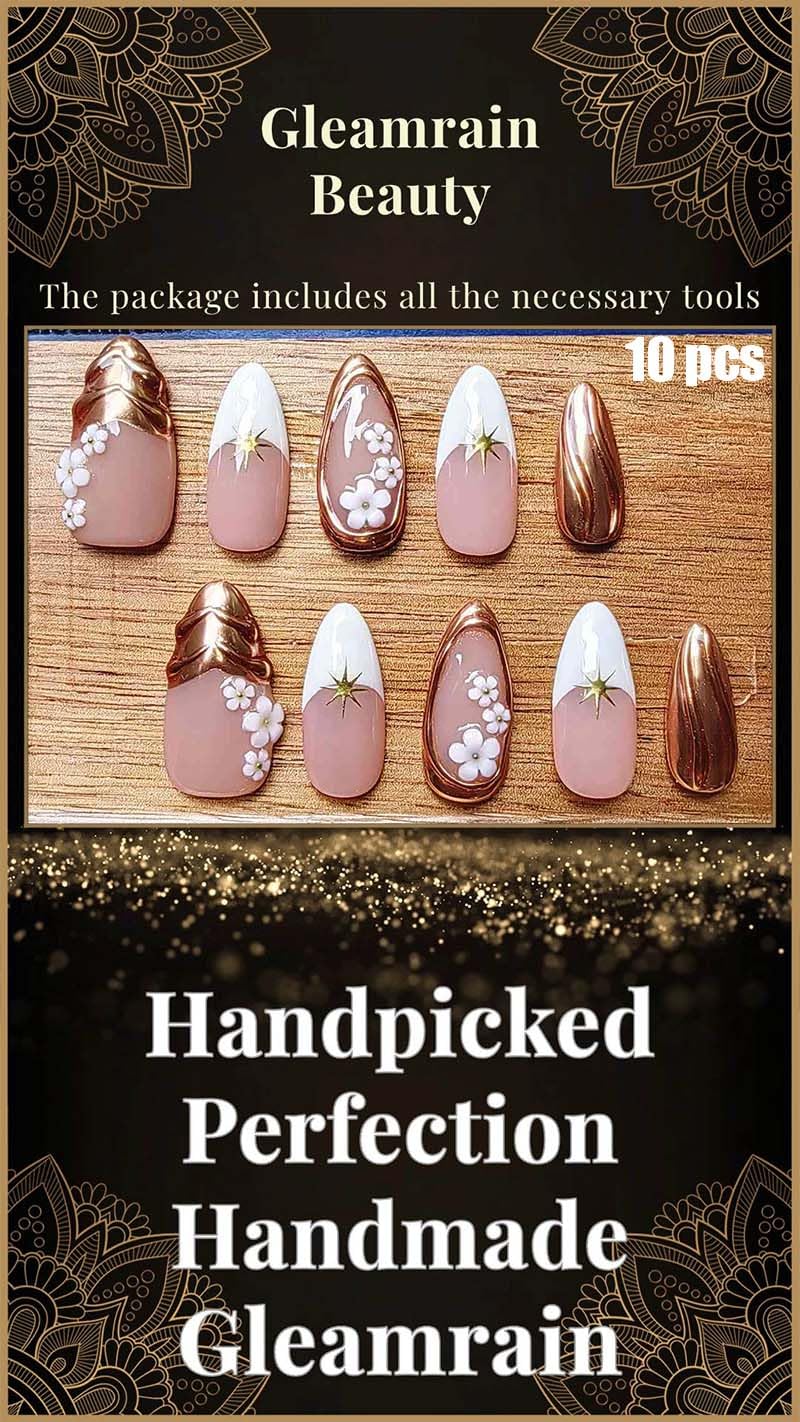 Gleamrain Handmade Press on Nails Almond Shape M Size/Gleamrain Luxury Medium Hand Made Nails with Design for Women 10Pcs by P07