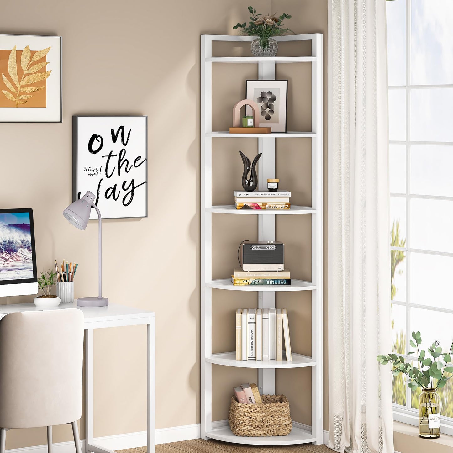 Tribesigns 6 Tier Corner Shelf, 70.9 Inch Tall Corner Bookshelf Small Bookcase Modern Corner Shelving Unit Storage Rack for Living Room, Home Office, Kitchen, Small Space (White)