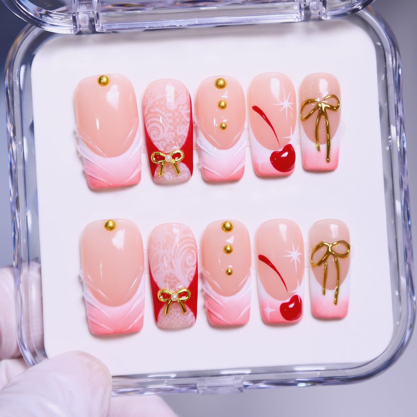 MAGLFELL Press On Nails, 10 Pcs Handmade French Square Fake Nails, Reusable Artificial Unique 3D False Nails for Women 3D Acrylic Nails Kit (Size M)