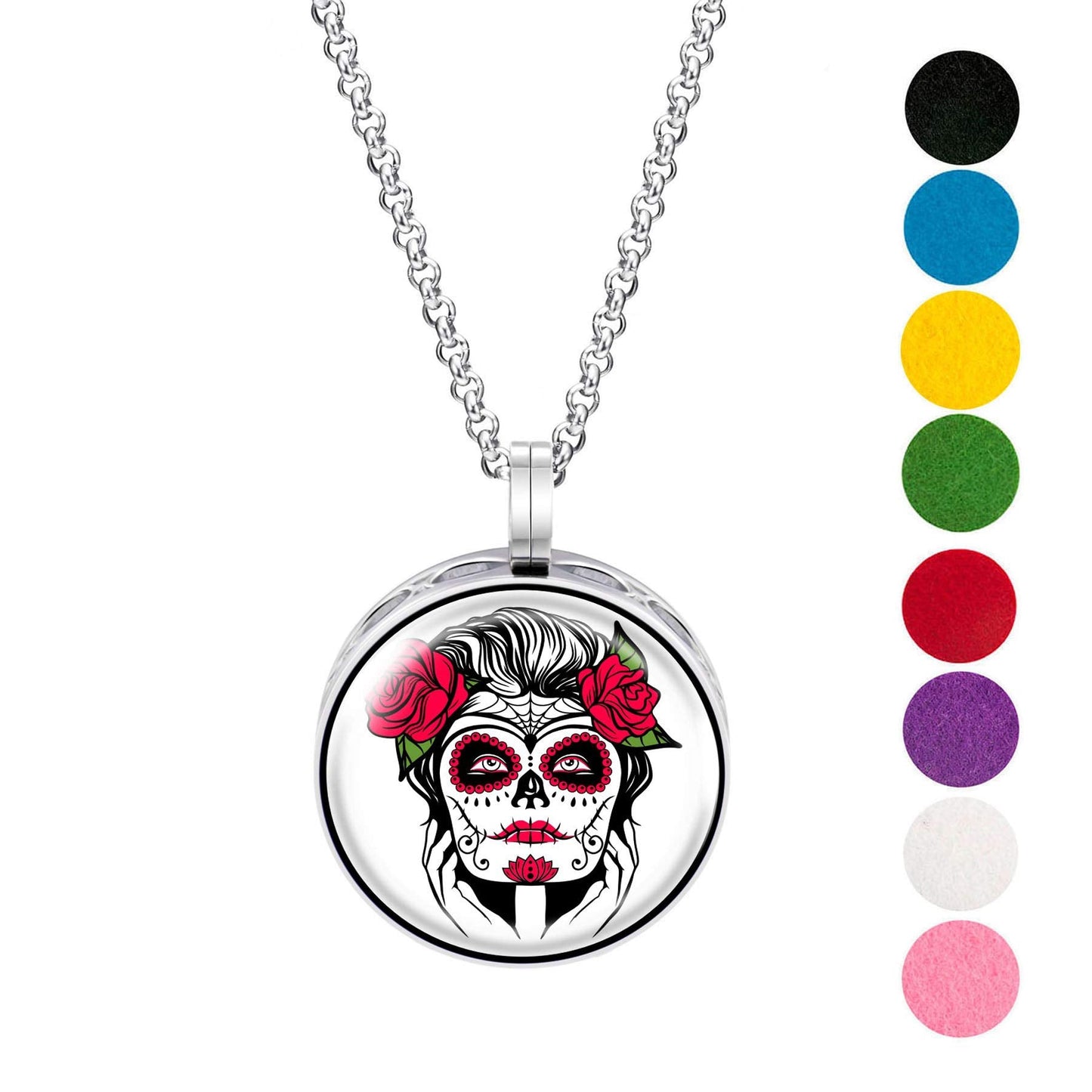 Wild Essentials Sugar Skull Tattoo Art Enamel Finish Essential Oil Diffuser Necklace Gift Set - Includes Aromatherapy Pendant, 24" Stainless Steel Chain, 8 Color Refill Pads