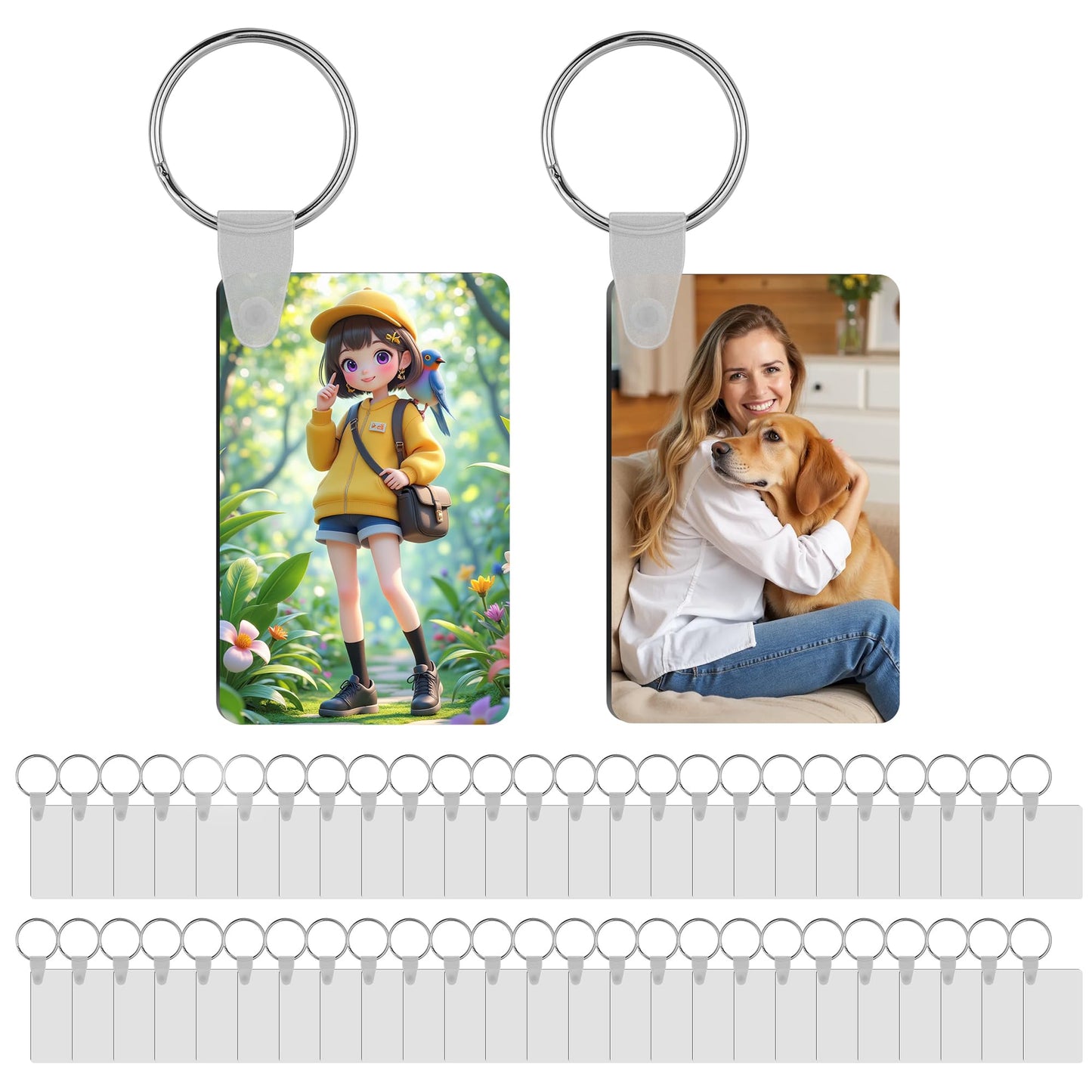 Merkisa 150 Pcs Sublimation Keychain Blanks – Double-Sided Heat Transfer Blanks 50 Set with Rings & Clips, Clear Film– DIY Bulk Blank Keychains for Crafts, Personalized Gifts (Rectangle)