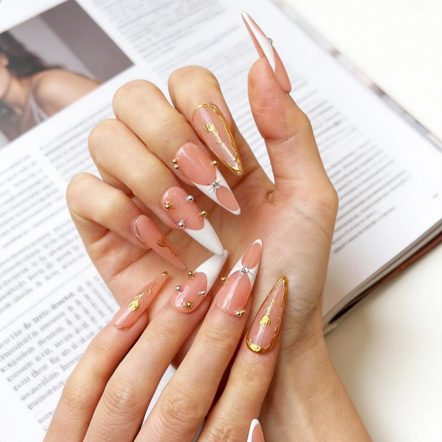 Luxury Long Stiletto Handmade Press-On Nails – Nude Almond Acrylic False Nails with 3D Rhinestones & White French False Nails – Reusable Nail Art(10PCS-S)