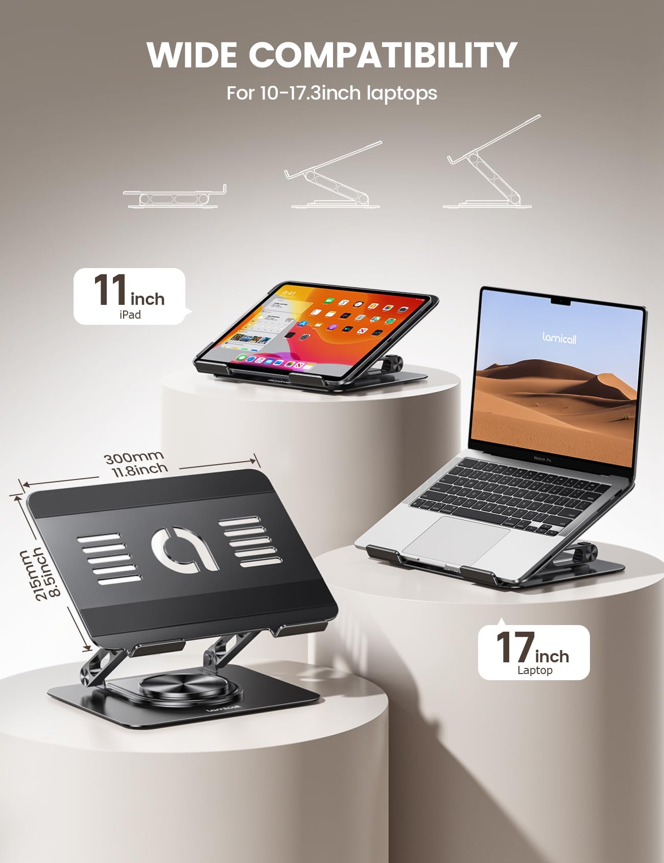 Lamicall Adjustable Laptop Stand for Desk - 360 Rotating Base Ergonomic Computer Stand, Aluminum Laptop Riser for Mothers Day fits MacBook Neo Air Pro, HP, Office Desk Accessories (10-17.3'') - Black