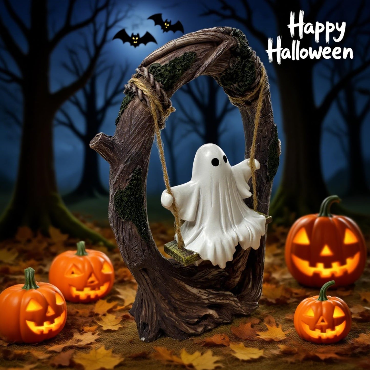 T Starlight Bright Q Swinging Ghost on Tree Swing, Cute Swinging Ghost Halloween Figurine Indoor Decoration, Desktop & Bookshelf Decor, Outdoor Courtyard Garden Decoration, Halloween Ghost Gift