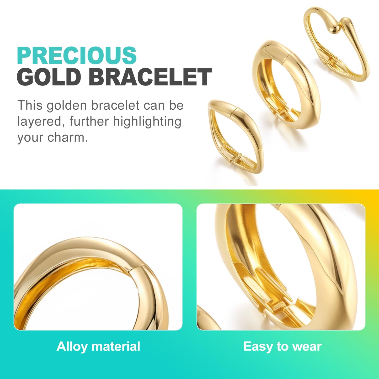 KornaDoz 3-Pack 14K Gold Plated Chunky Bracelet Set - Stackable Cuff Bangles, Trendy Statement Jewelry for Women