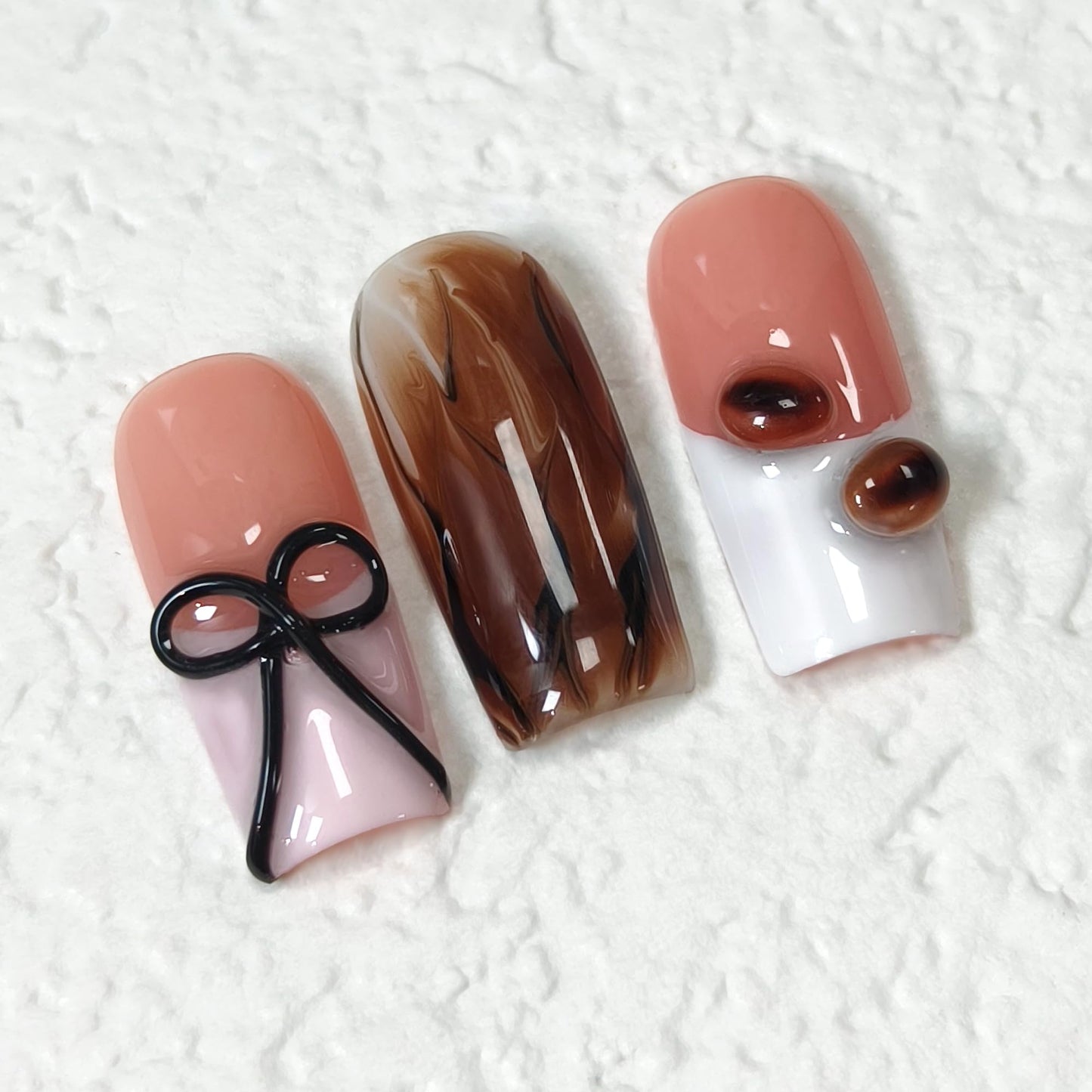 TENPAL Pink Coffee French Tip Press on Nails Medium Square, Polka Dot Ombre 3D Coffee Bean Cute Sweet Girly Reusable Salon False Nails for Daily Wear 10PCS(L)