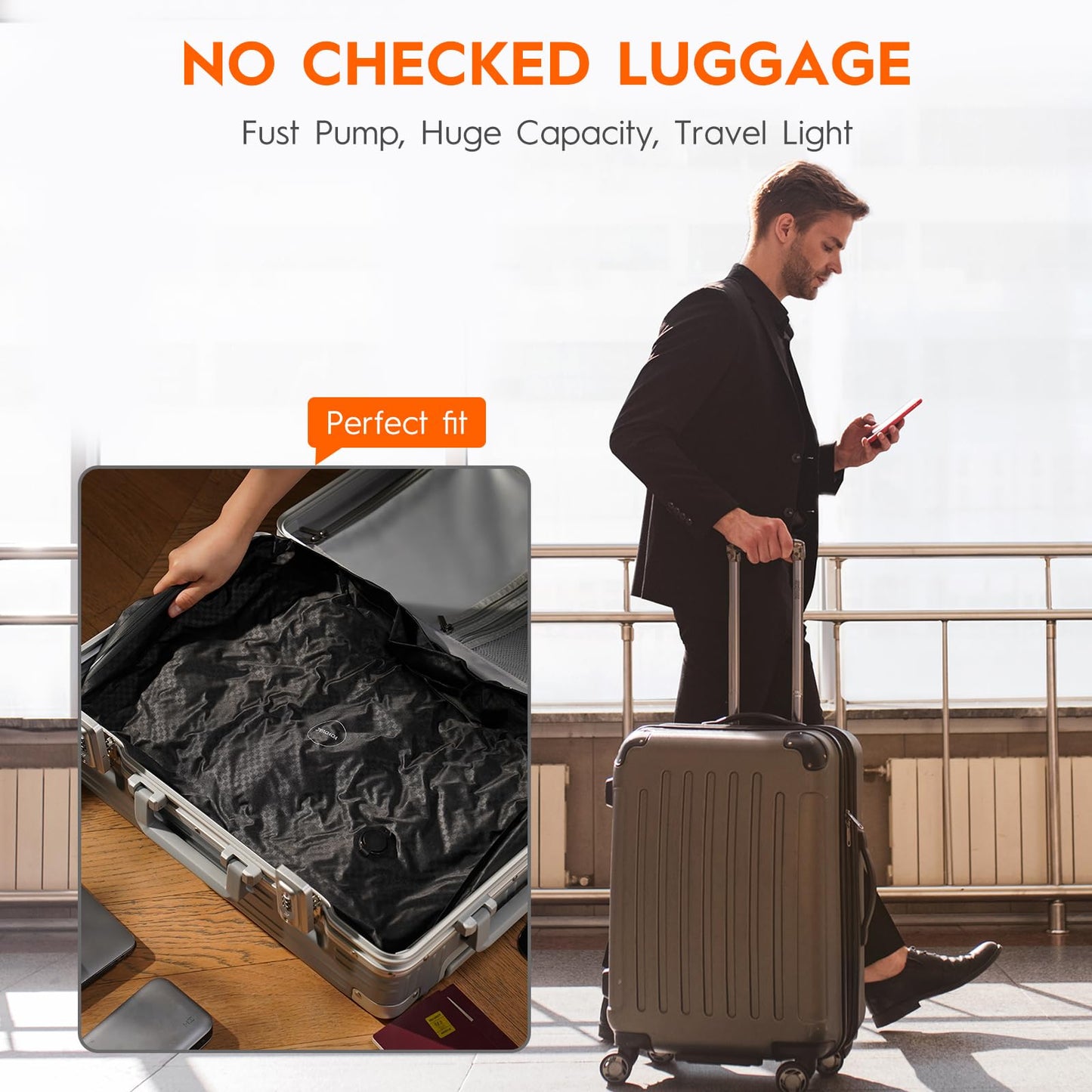 YOYOVAC Vacuum Compression Bags with Wireless Pump – Space Saver Compression Bags for Luggage, No Checked Baggage, Triple Your Luggage Space, IP68, Reusable, Fits 20/24/28 Inch Suitcase (No Tracker)