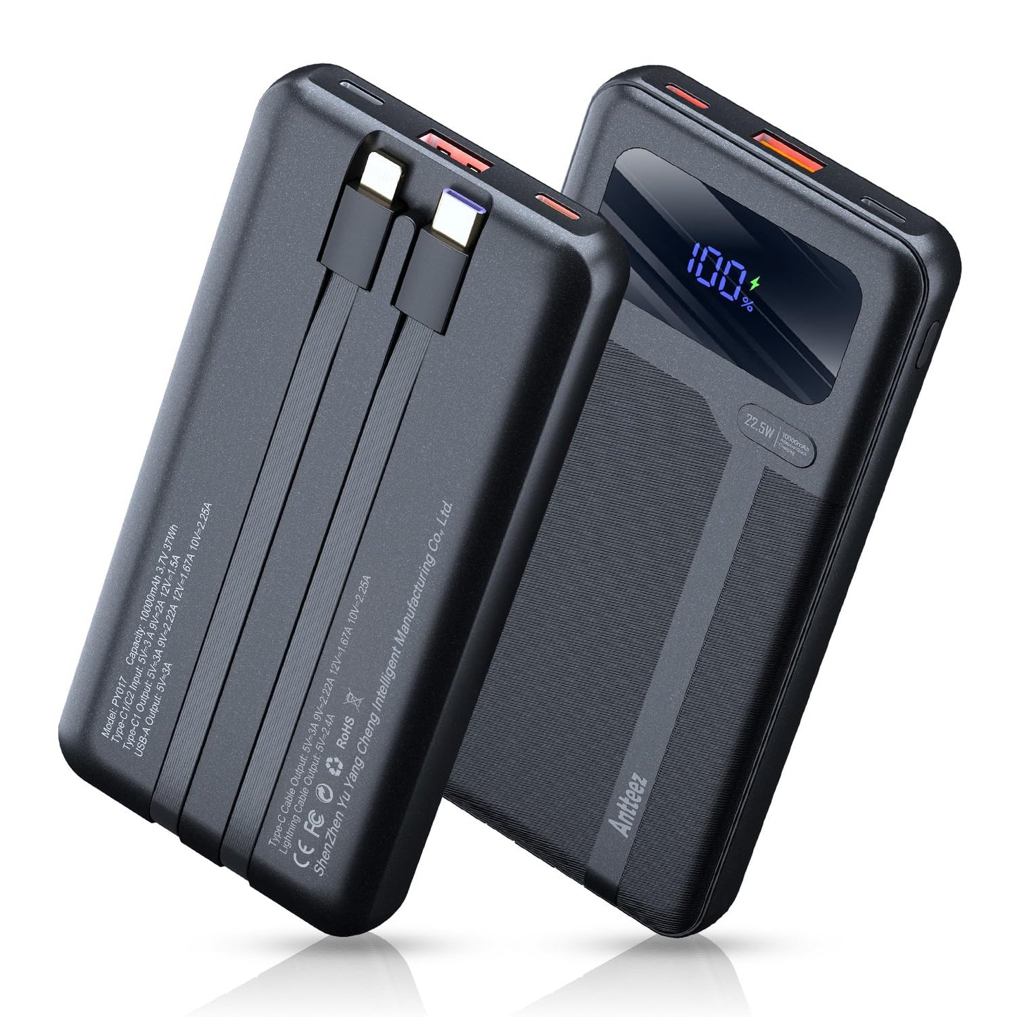 Antteez Portable Charger with Built in Cable - 10000mAh Fast Charging 22.5W Power Bank USB C LED Display Travel Battery Pack 4 Outputs & 2 Inputs for iPhone Samsung iPad Phones Tablets