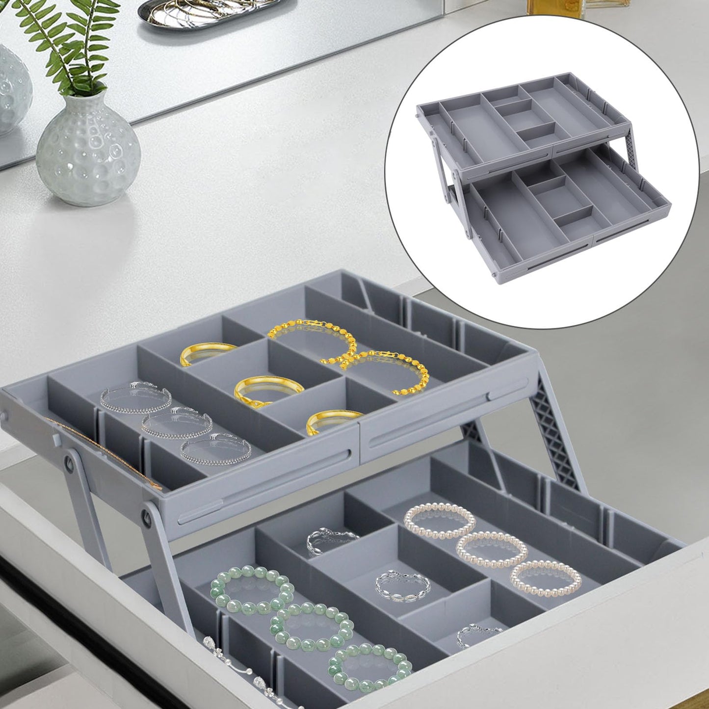 Fockety Drawer Organizer, Multi Level Collapsible Drawer Organizer with Adjustable Compartments, Expandable Desk Organizer Trays for Jewelry, Makeup, Silverware Storage Organizer (2