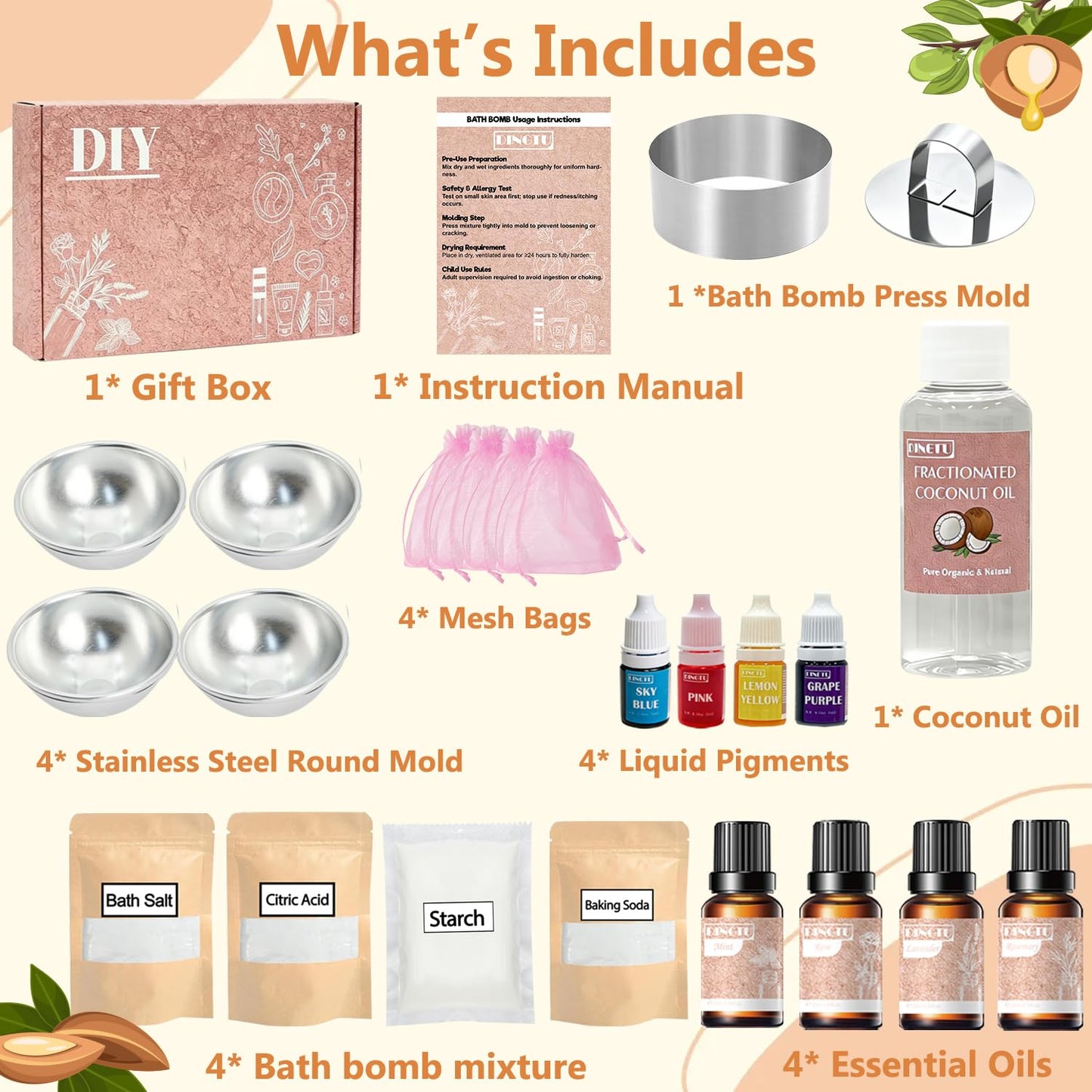 DINGTU Bath Bomb Making Kit, DIY Bath Bomb Kit for Adults & Teens, Make Your Own Bath Fizzy with Bath Bomb Molds, Essential Oils, Relaxing Bath Time Home Creative Spa Gift for Her, Women