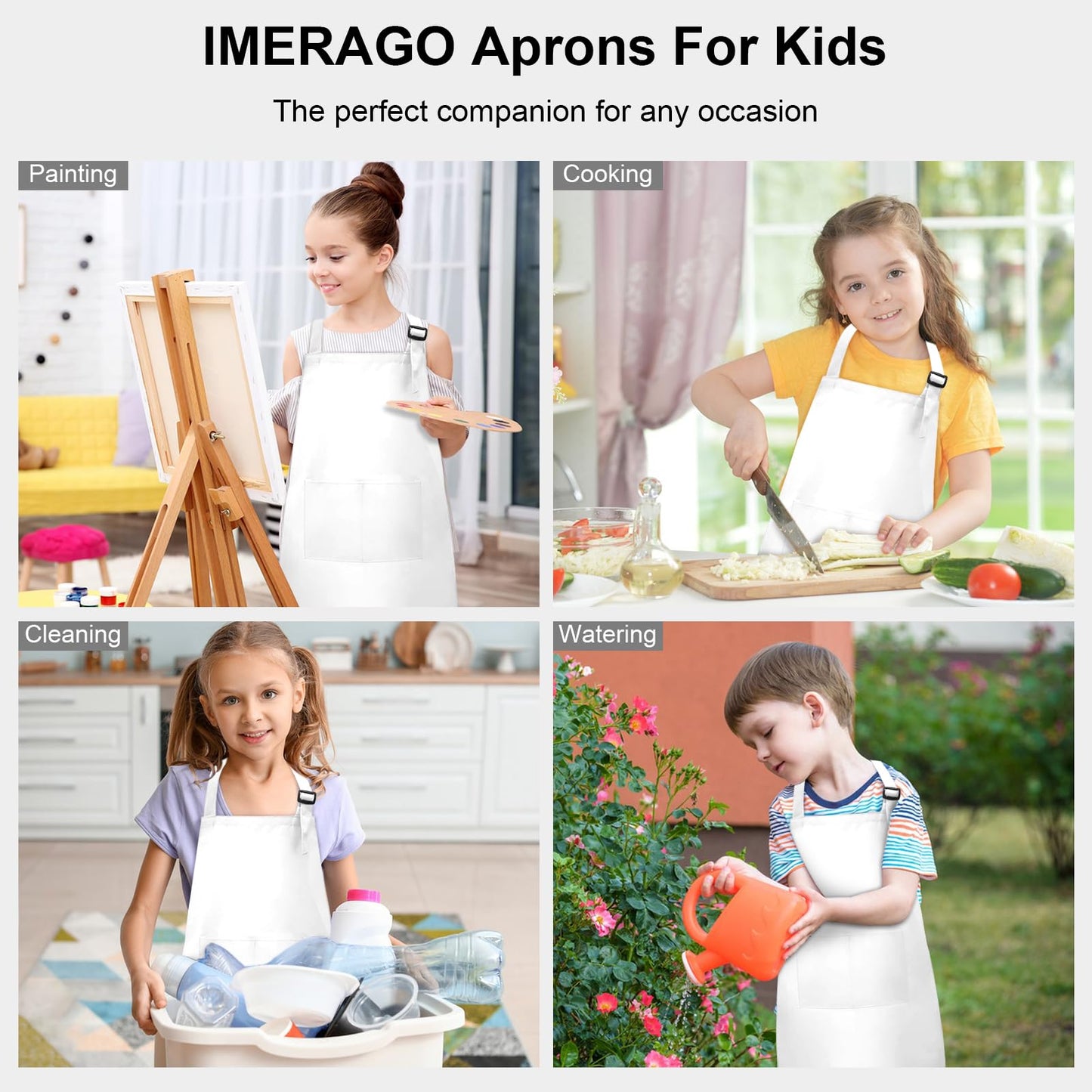IMERAGO 15 PCS Kids Aprons with Pockets Adjustable Chef Painting Aprons Bulk for Girls Boys Aged 6-13 Cooking Baking Crafting White