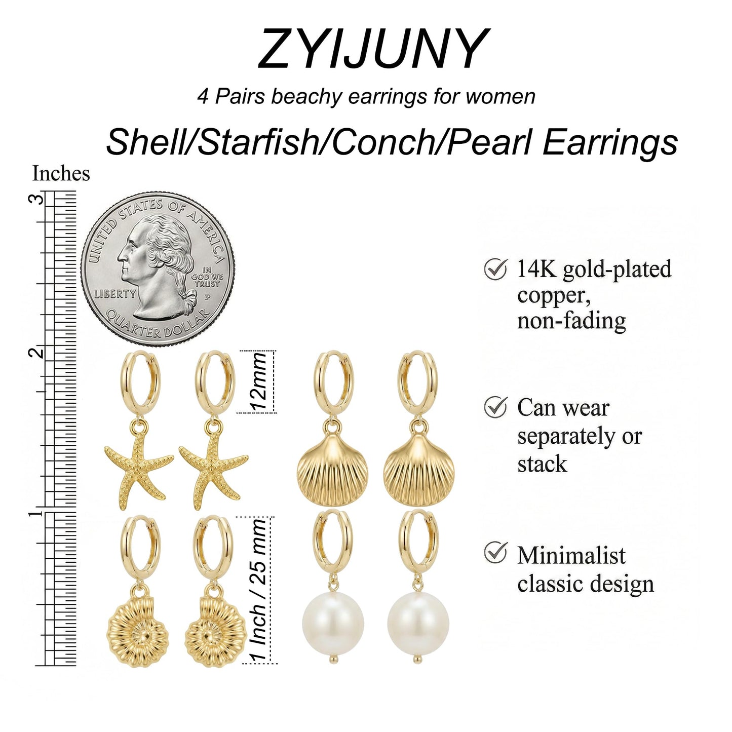 ZYIJUNY 4 Pairs Huggie Hoop Beachy Earrings Set for Women, 14K Gold Plated Ocean Elements Hoop Dangle Drop Earring - Shell/Starfish/Conch/Pearl Earrings- Minimalist Summer Beach Jewelry Gift