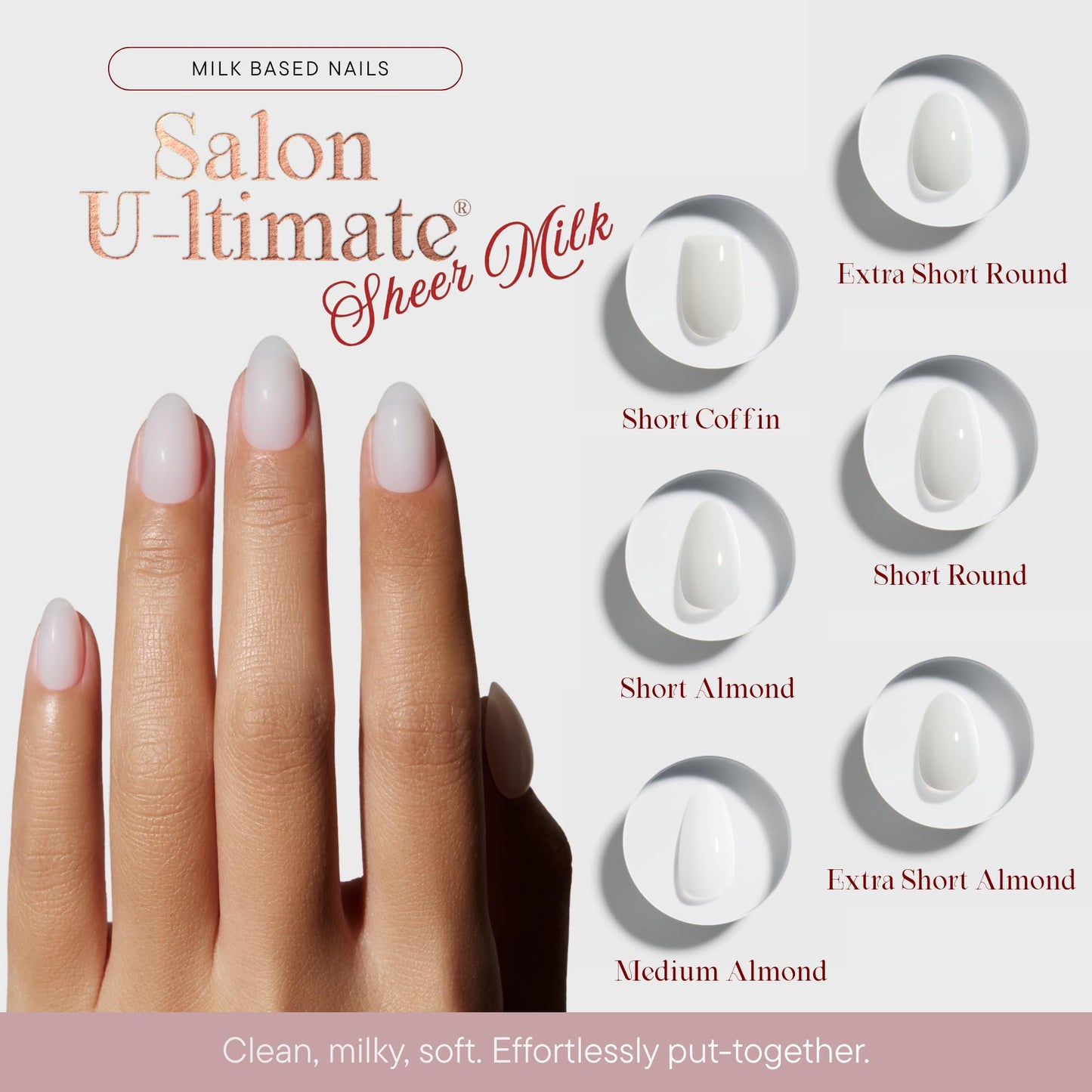 Celebritips Press On Nails - Salon U-ltimate™ | Sheer Milk, Extra Short Almond Nails, Reusable | 16 sizes - 32 Nails Kit with Glue and Sticky Tabs
