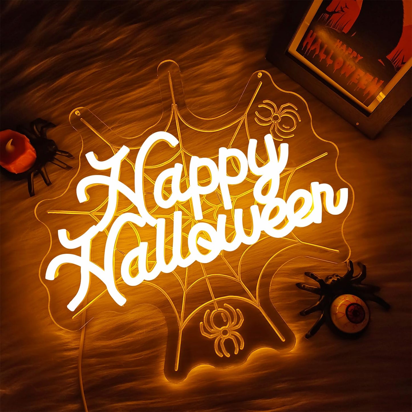 hhuohuona Happy Halloween Neon Sign Dimmable Neon Halloween Sign 3D Spider Web With Glowing Happy Halloween Led Window Lights Gothic Light Up Sign for Party