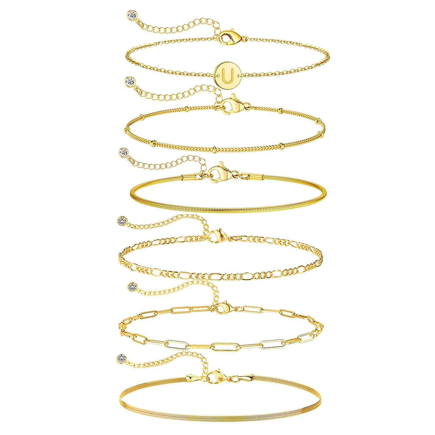 Lydow Bracelets for Women, Stack Jewelry Set Initial U Chain Stackable Letter Teen Accessories Pulseras Para Mujer 6 Inch 6PCS
