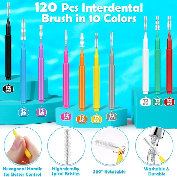 Modacraft 120Pcs Interdental Brush 6 Sizes Braces Brush Toothpicks with Soft Bristles 360° Bendable Floss Heads Dental Brushes Between Teeth Gum Braces Cleaning Kit Oral Tooth Cleaning Tool