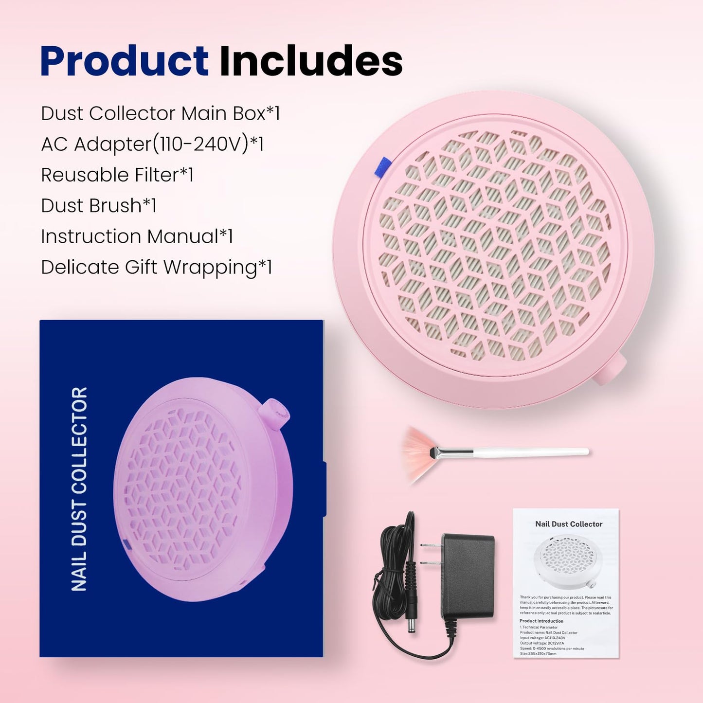 WISADA Nail Dust Collector, 4500RPM Powerful Suction Pink Nail Vacuum with Reusable Filter and Brush, Stepless Speed Control for Acrylics & Gels, Salon Tech & Home Essentials