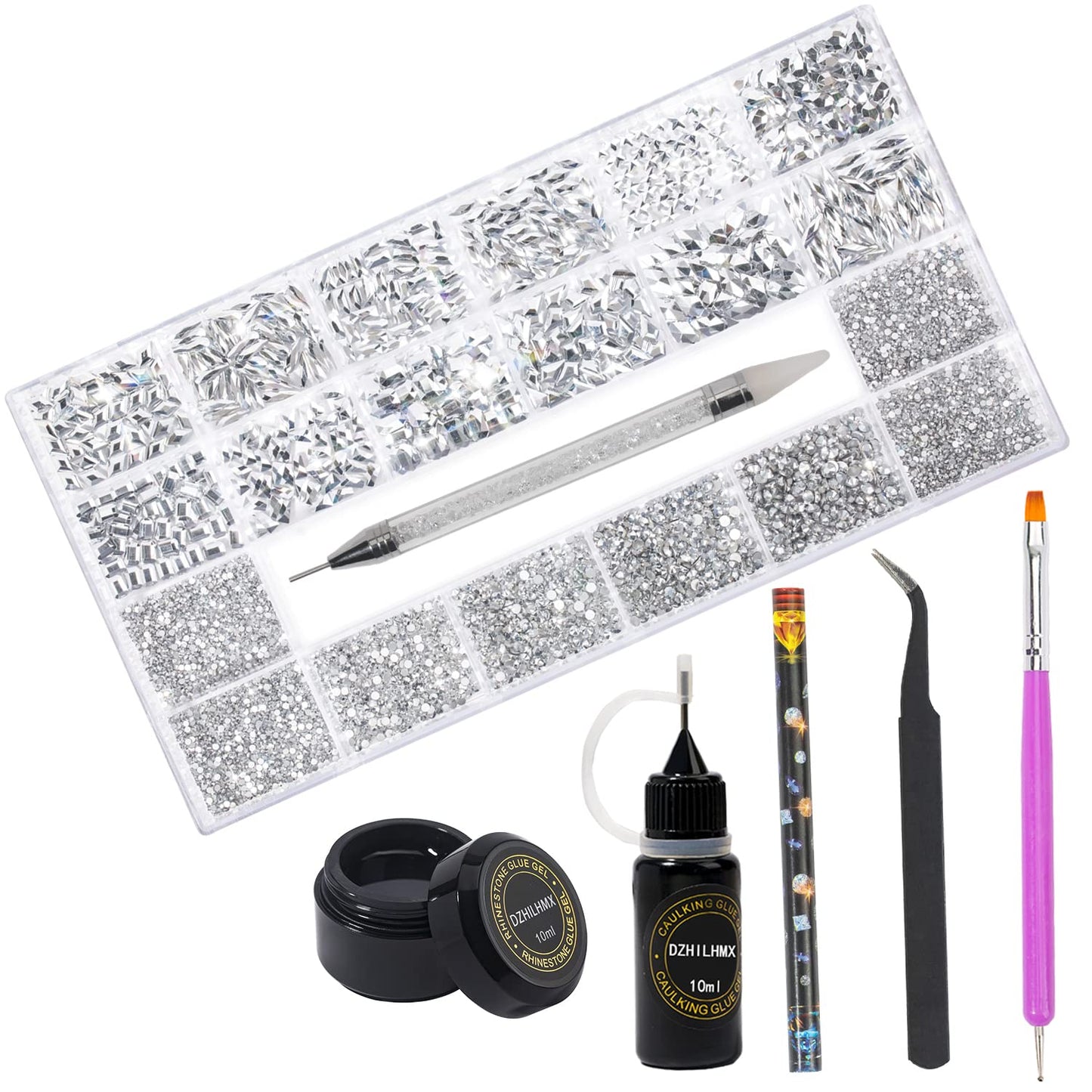 DZHILHMX Nail Rhinestones - 4300pcs Mine Silver, Multiple Shape Gems, Flat Back Rhinestones, with Kit and Glue Gel, for Nail Art