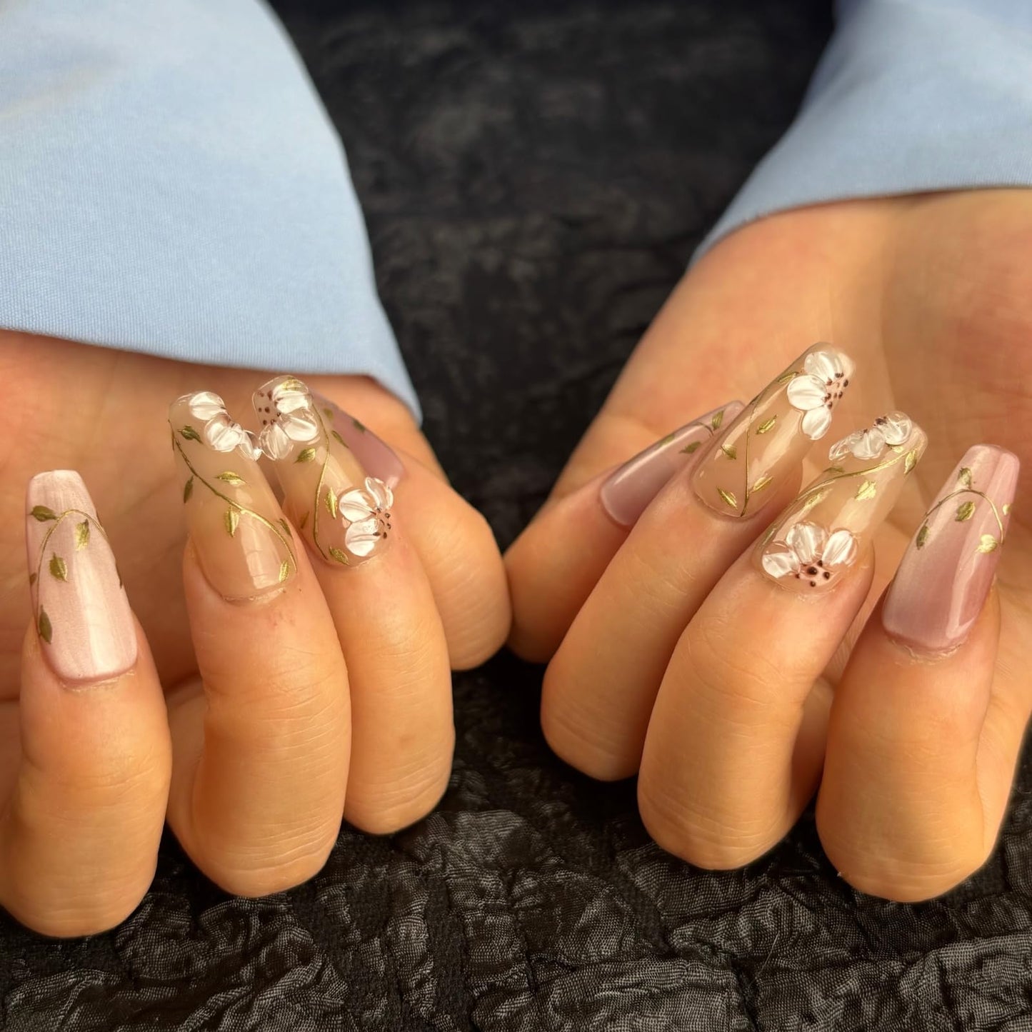 AKA Unicorn Trendy Handmade Press On Nails Medium Coffin Shape,10Pcs Hand Painted Acrylic Fake Nails with 3D Flower Charm Design Clip On Nail for Woman Gift