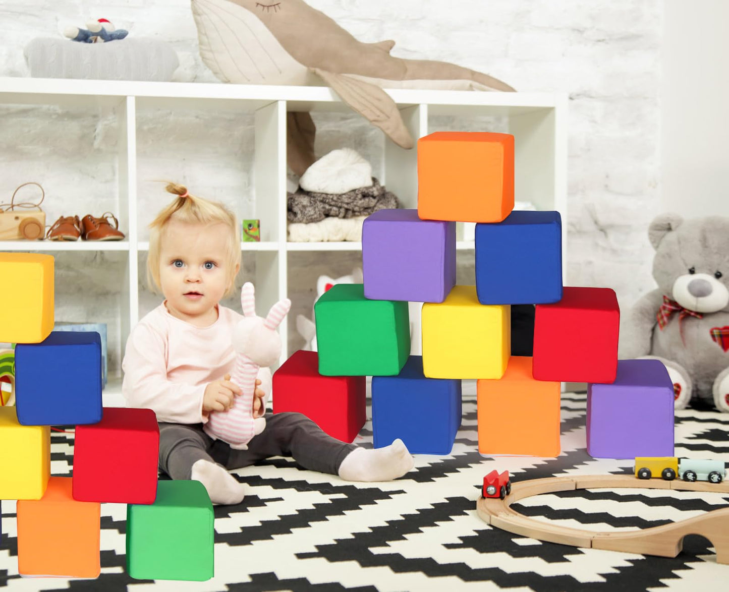 UHAPPYEE Foam Blocks for Toddlers, 18 PCS 5.5 inch Foam Soft Cubes for Kids, Colourful Building Blocks, Stacking Block Sets, Throwing Toys