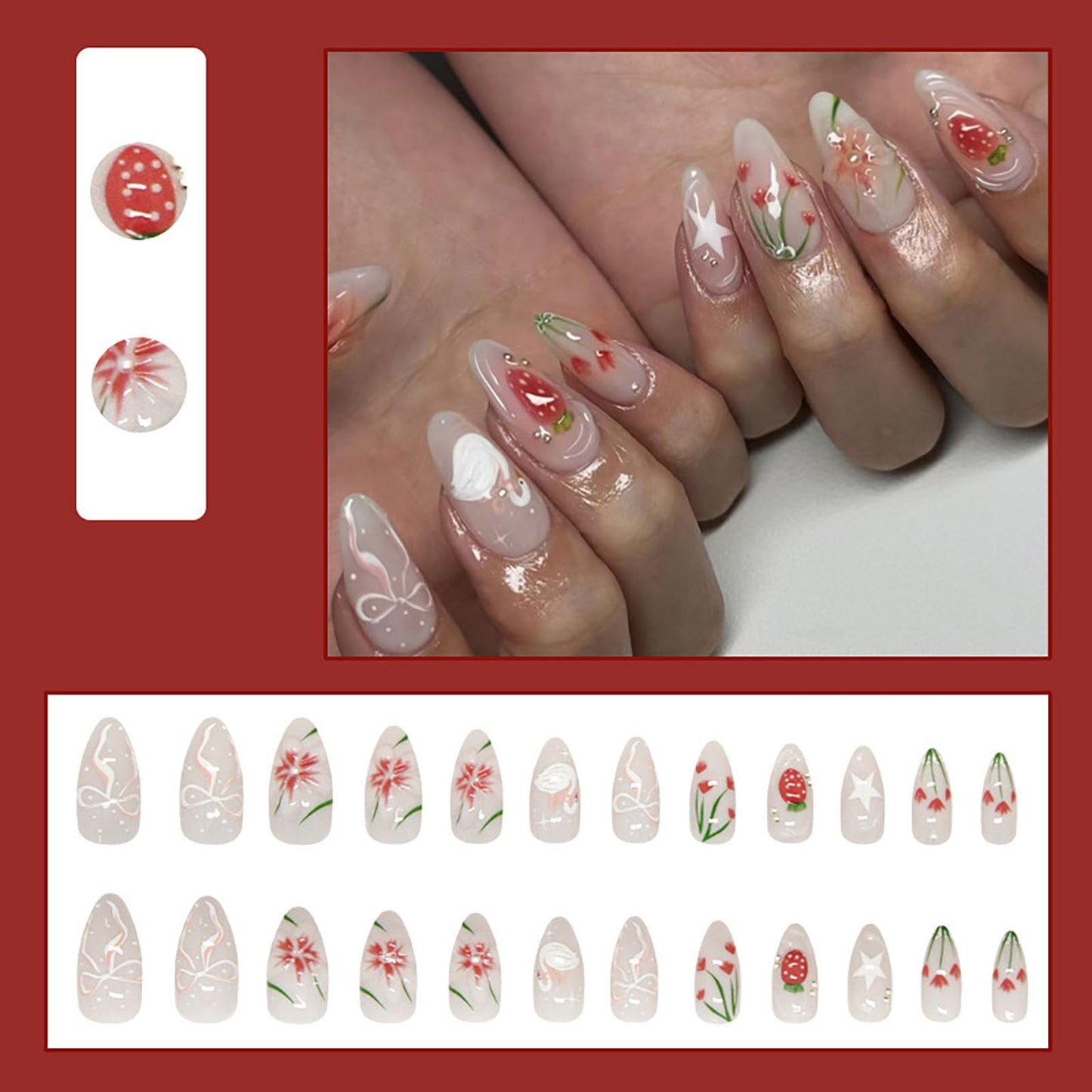 RUOKEXIN Almond Press on Nails Medium Fake Nails White False Nails with 3D Flowers Designs Spring Summer Nail Press ons Glossy Artificial Nails for Women 24Pcs
