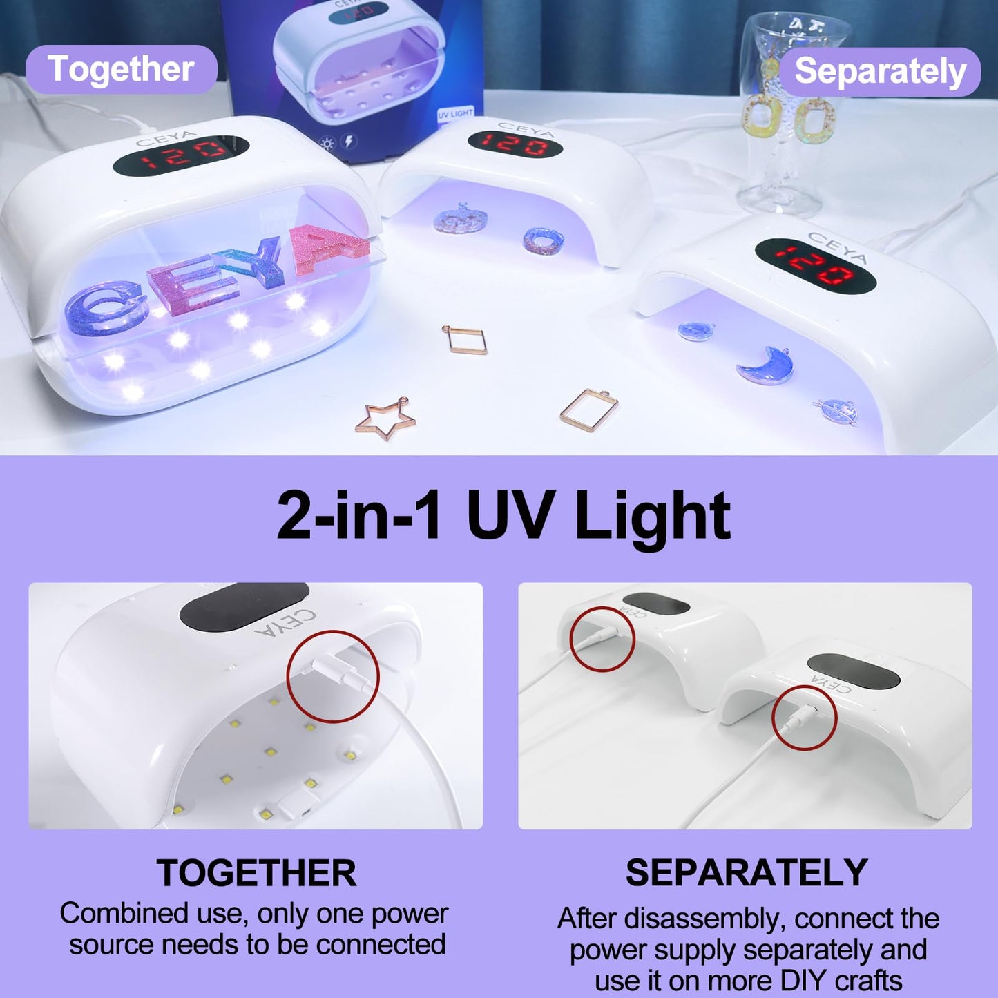 ceya UV Light for Resin,Double-Sided uv Resin Lamp 36W Fast Curing with 2pcs USB Cable,Digital Display (2M 3M 5M),UV Lamp 360° Coverage for Curing, Molds, Jewelry Making, DIY Craft