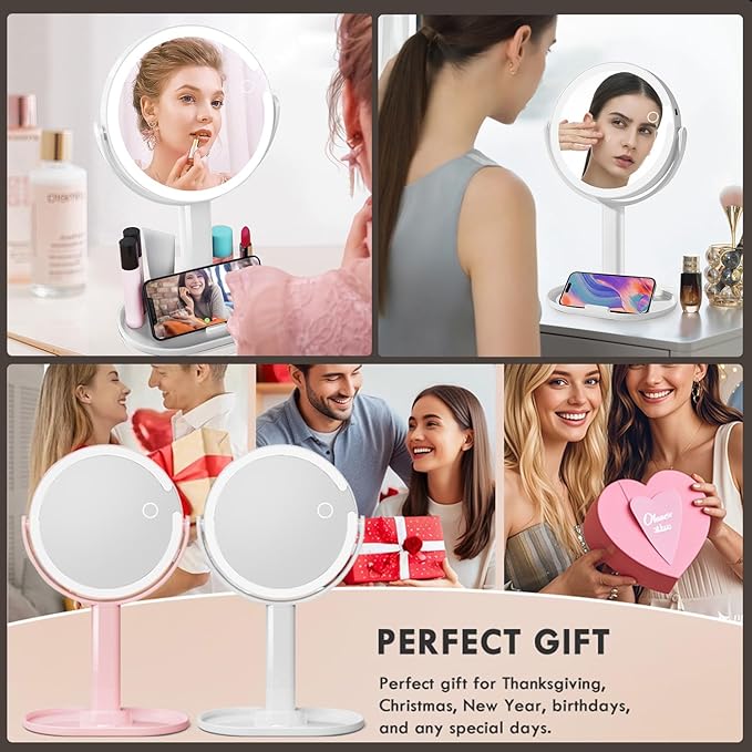 Makeup Mirror with Lights, Lighted Makeup Mirror 1x/10X Magnifying Mirror, Rechargeable 3 Color Lights & Adjustable Brightness LED Vanity Mirror, 360° Rotation Detachable Travel Make Up (White)