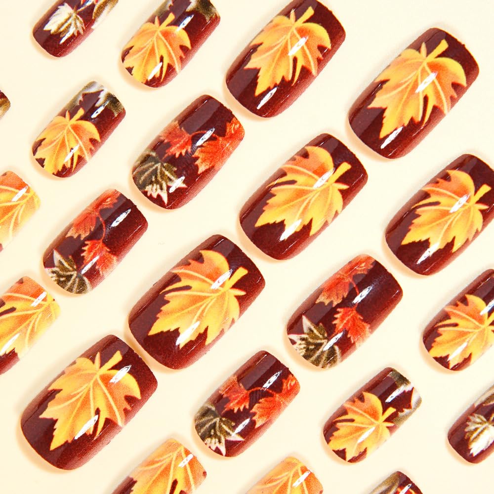 Fall Wine Press on Nails Short Maple Leaf Fake Nails Winter Square Acrylic Nails Press ons Autumn Full Cover Glue on Nails Artificial Reusable Gradient Stick on Nails for Women Nail Art Kit 24Pcs