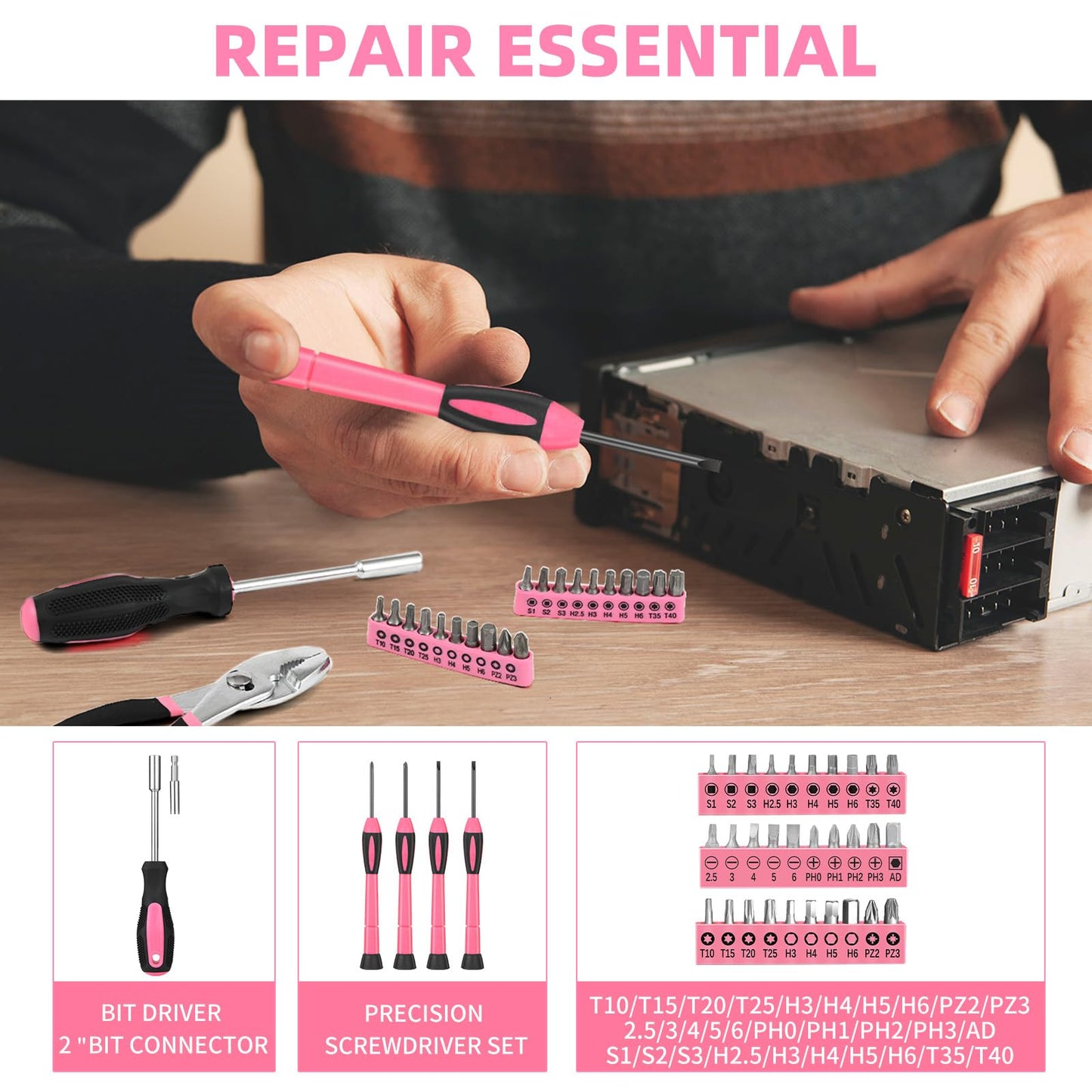 GETFOO 144-Piece Pink Tool Kit Basic Home Repair Tool Set General Household Hand Tool Kit Small Tool Kit with Plastic Toolbox basic home tool kit for Women, Office & College Repairs