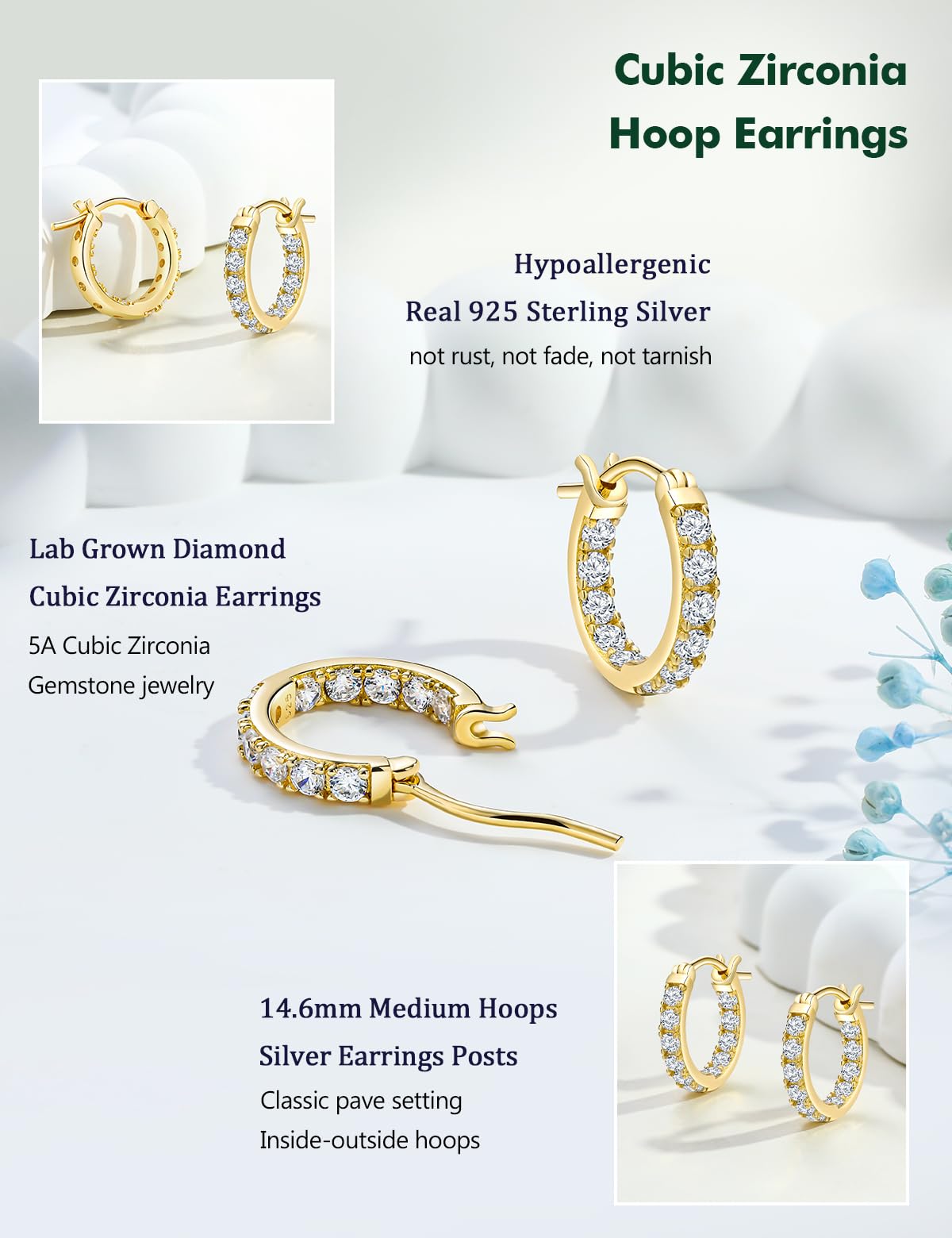 RANDES Cubic Zirconia Small Hoop Earrings for Women 14K Gold Plated Sterling Silver Created Diamond Earring Hoops Chunky Huggie Hoop Earrings