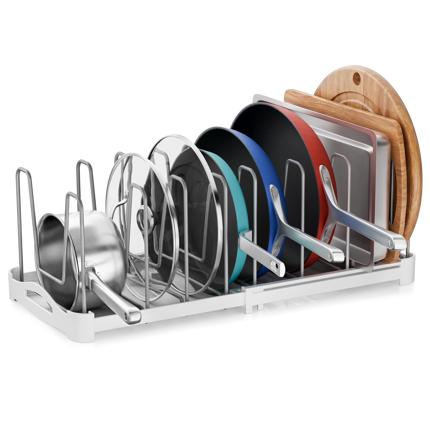 EVERIE Adjustable Bakeware Organizer Pot Lid Holder Rack for Pots, Cake Molds, Cutting Boards, Mats, Cookware, GS02SS, 7.7'' Deep by 12.6'' to 21.5'' Wide
