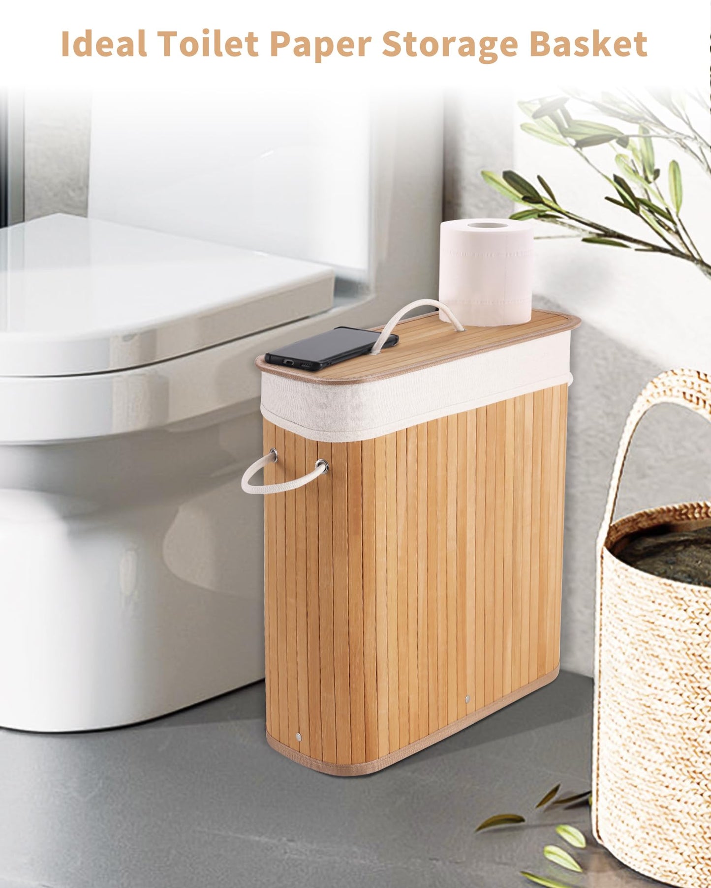 WAOHANAZ Bamboo Toilet Paper Storage with Lid & Handel, 8 Gallons (30L), Sturdy Toilet Paper Basket, Organizer for Bathroom, Kitchen, Holder with Storage, Natural