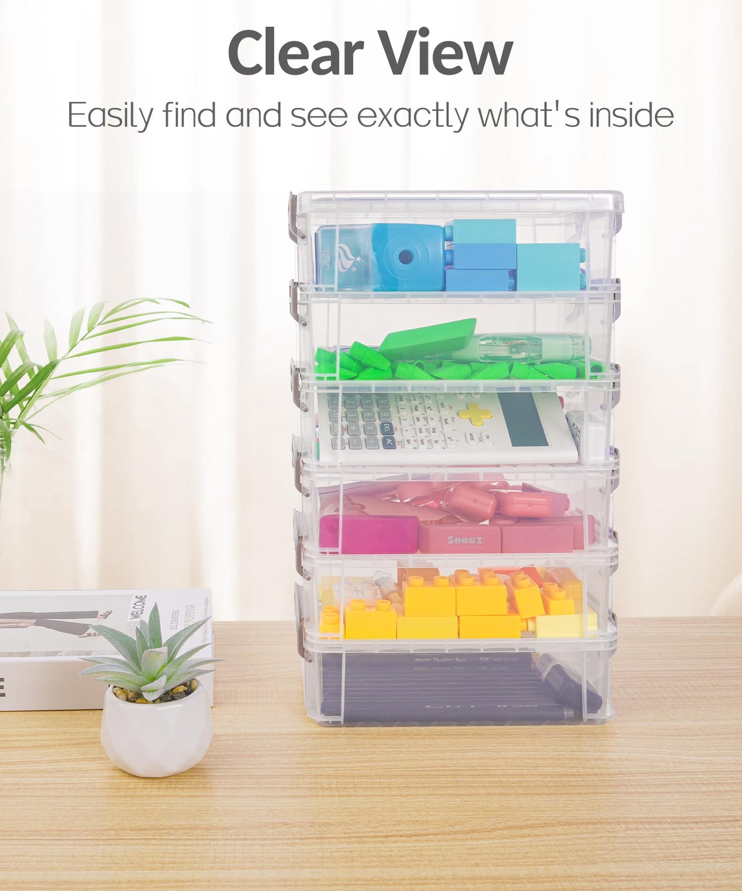 Sooez 6 Pack Small Plastic Containers with Lids, 6.4" x 4.4" x 2.7", Clear Crayon Box Pencil Pouch, Stackable Stroage Organizer for Beads Craft and Art Supplies, Storage Bins for Jewelry and Stickers