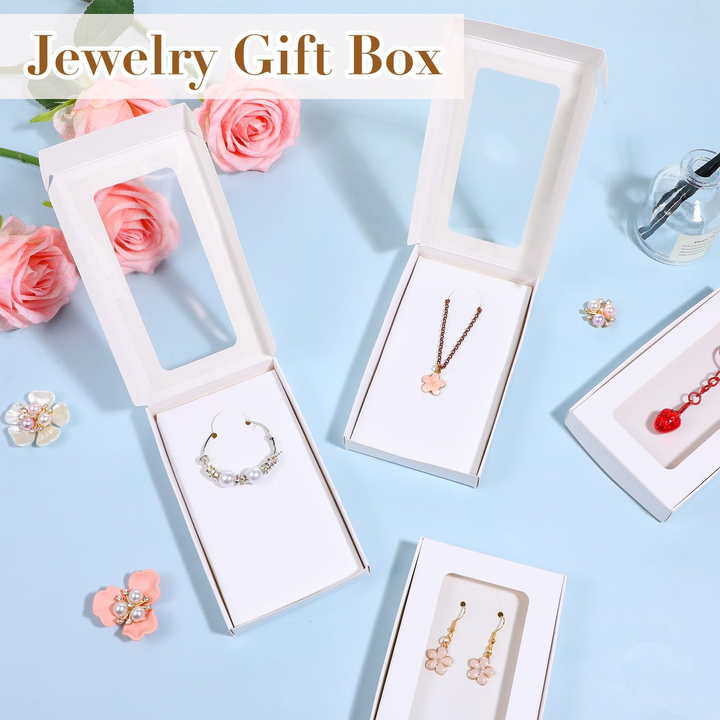 HANLANXUE 100 Pack Mini Jewelry Packaging Boxes with Clear Windows, 5.4"x3.4"x0.7" Paper Necklace Gift Box with Sticker Small Gift Boxes Bulk for Displaying Necklaces Rings Bracelets Earrings (White)