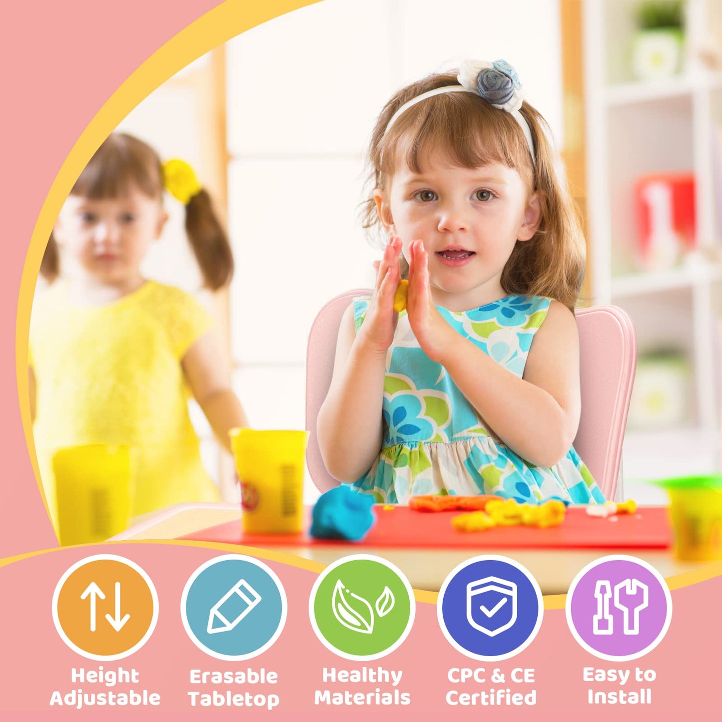 FUNLIO Kids Table and 2 Chairs Set, Height Adjustable Toddler Table and Chair Set for Ages 3-8, Easy to Wipe Arts & Crafts Table, for Classrooms/Daycares/Homes, CPC & CE Approved (3pcs Set) - Pink