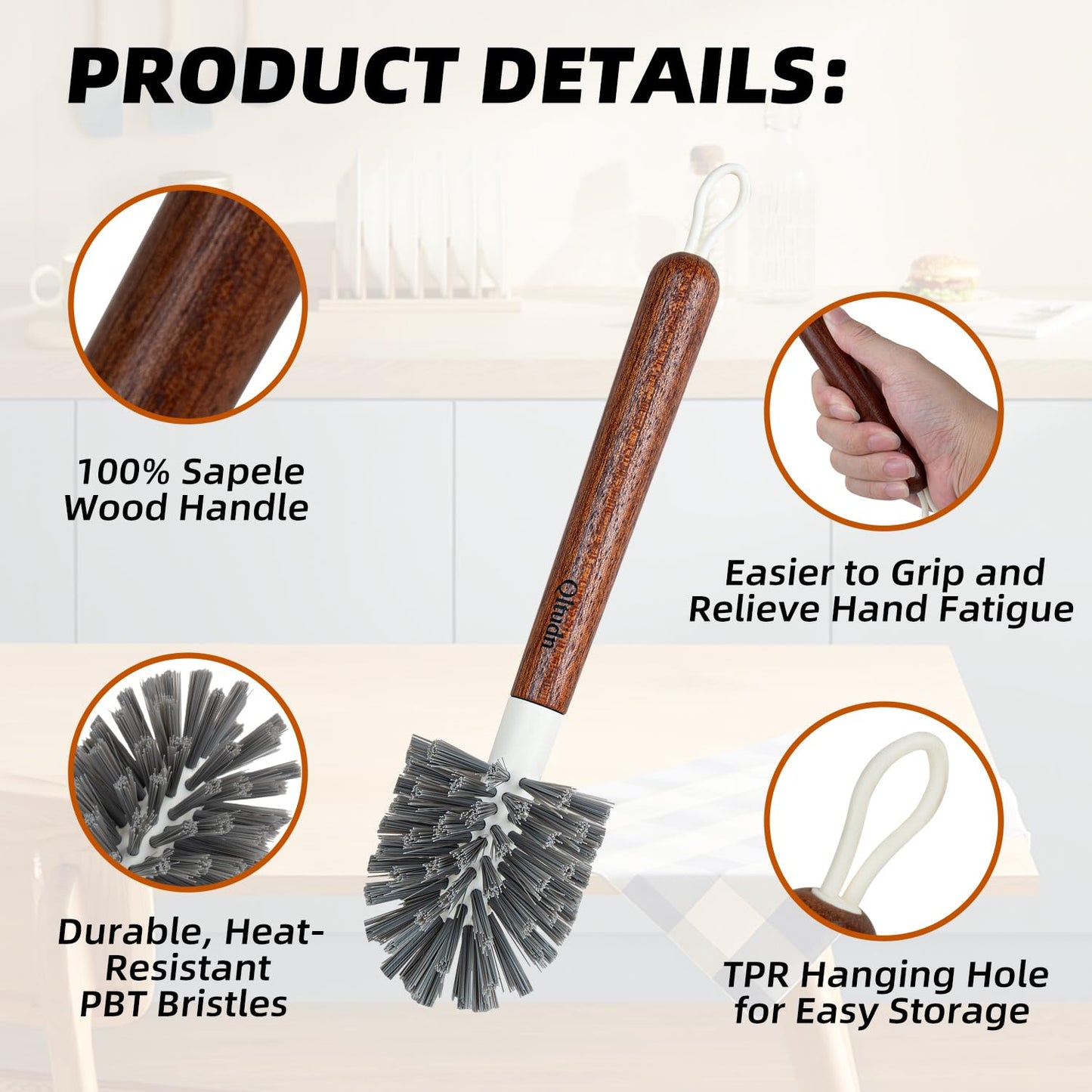 QLTUDN 4-Pack Heavy Duty Scrub Brushes with 11" Sapele Wood Handle – PBT Bristles & TPR Loop – Kitchen, Bathroom, Grout, Dish & Tile Cleaner – Durable Non-Slip Multi-Surface Cleaning Brush Set
