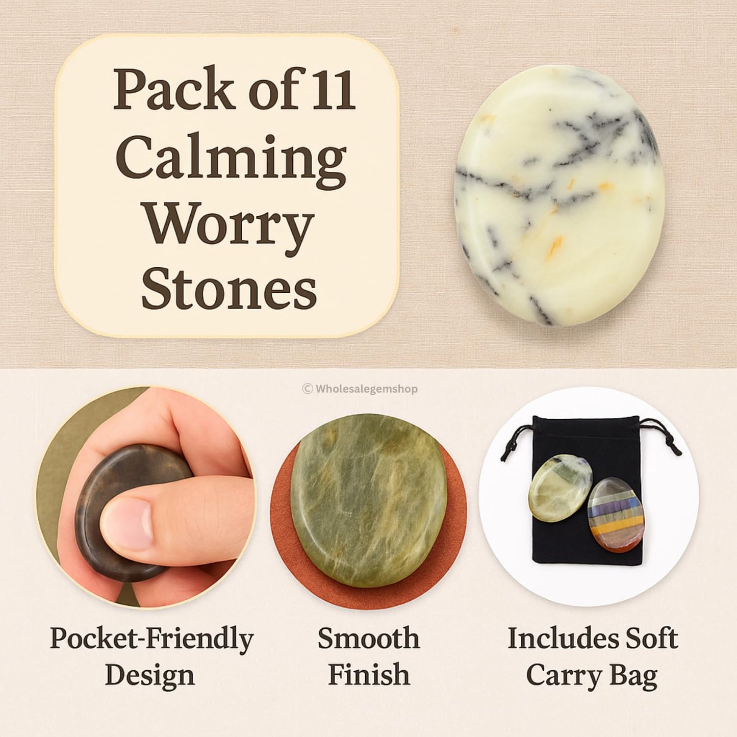 Wholesalegemshop Lot of 11 Premium Worry Stones Set - Thumb Worry Stones Metaphysical Gemstone Crystal Healing Reiki Men Women Gift Feng Shui