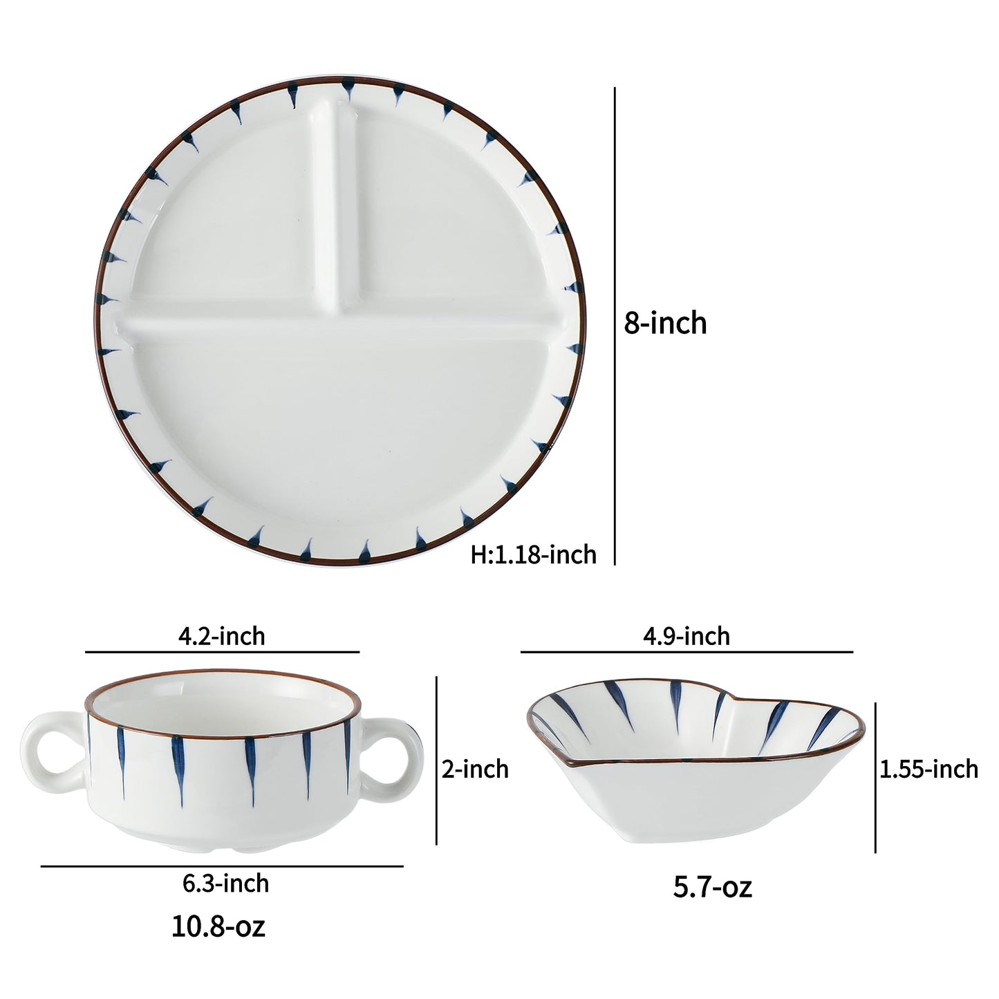 Acyhggi 8 Inch Porcelain Divided Plate Set, 3-Piece Ceramic Dinnerware for Portion Control, Weight Loss, Breakfast, Lunch, Salad - Microwave & Dishwasher Safe