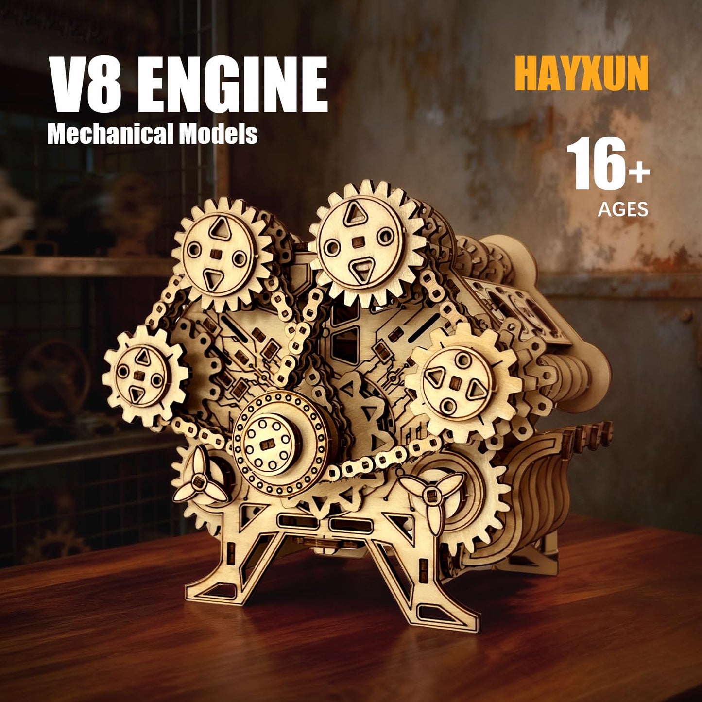 3D Puzzles for Adults - Wooden V8 Engine Model Kit, 3D Puzzle Model Engine Kit with Working Motor, DIY Kits Hobbies for Men for Men, Teen (591 Pcs)