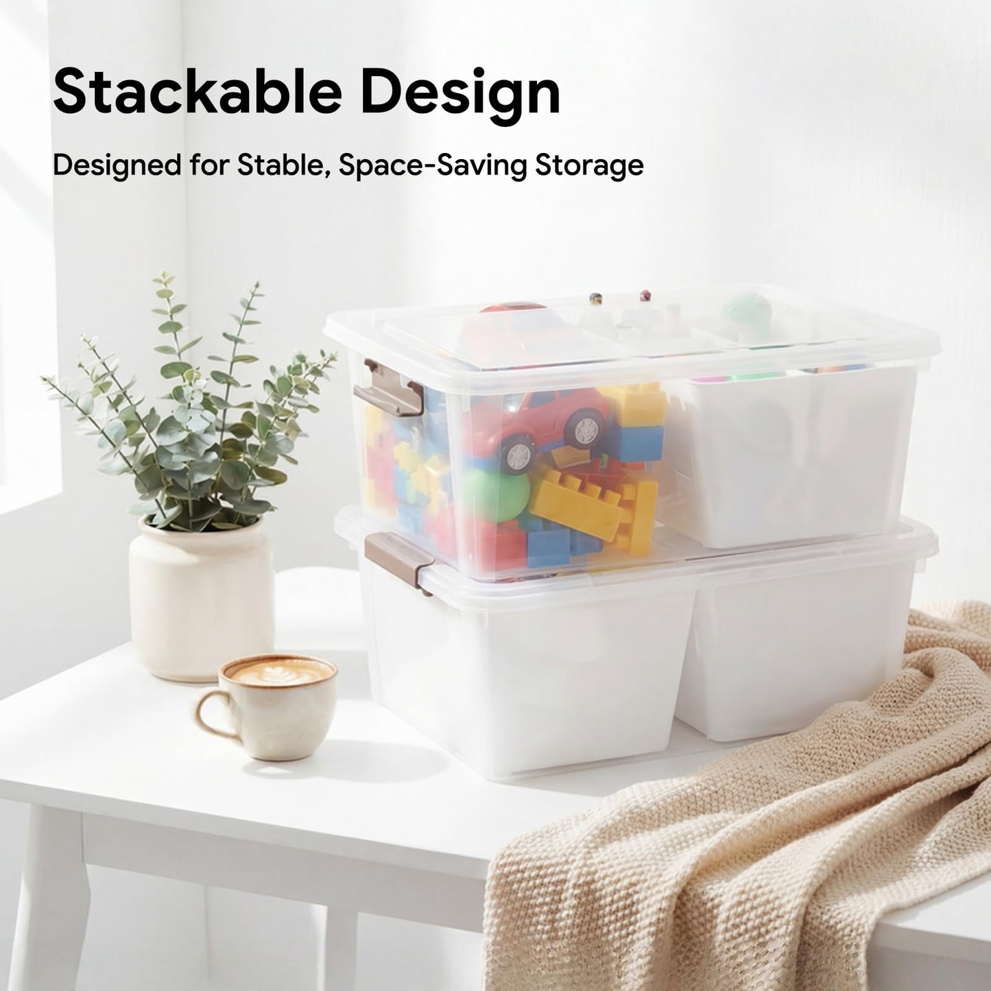 MACOPRO 17QT Craft Storage Box with 2 Removable Caddy Trays, Clear Stackable Plastic Organizer with Lid for Art Supplies, Beads, Sewing Tools, Pens & Kids Toys (White, 1Pack-2-in-1)